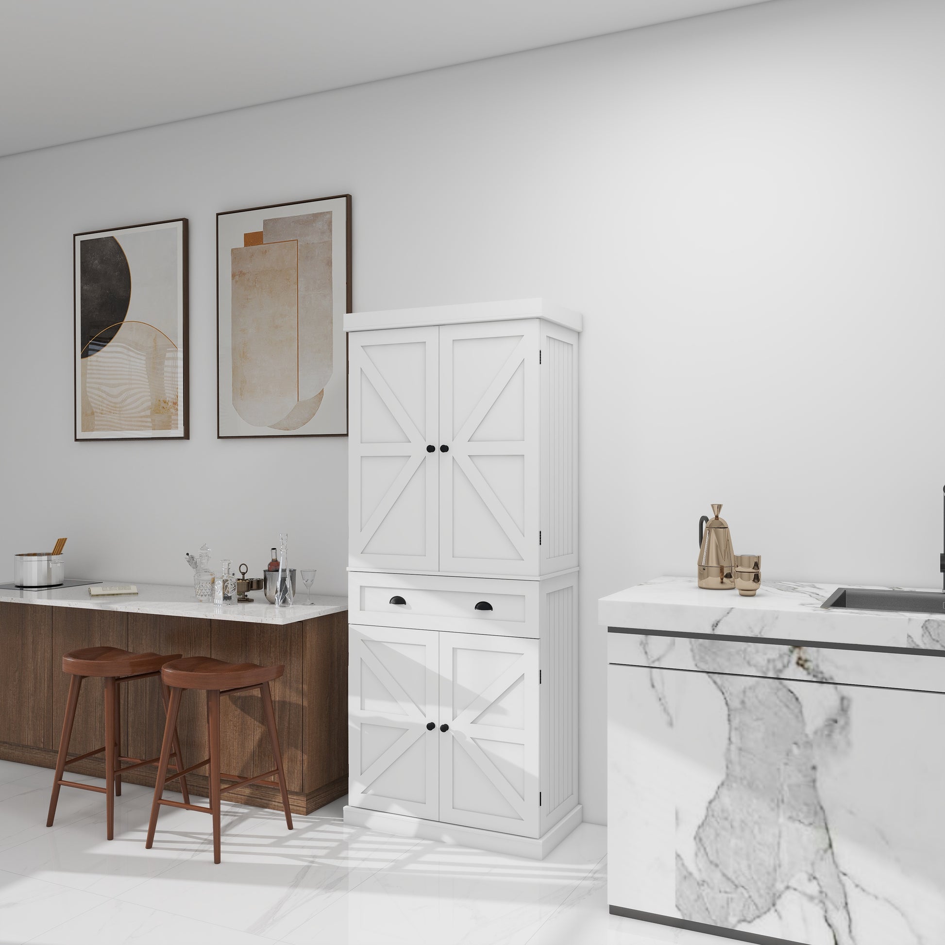 White farmhouse pantry cabinet with Xdesign doors and two drawers