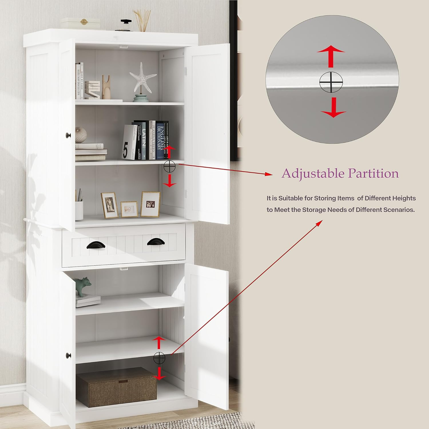 White storage cabinet with adjustable shelves and two drawers