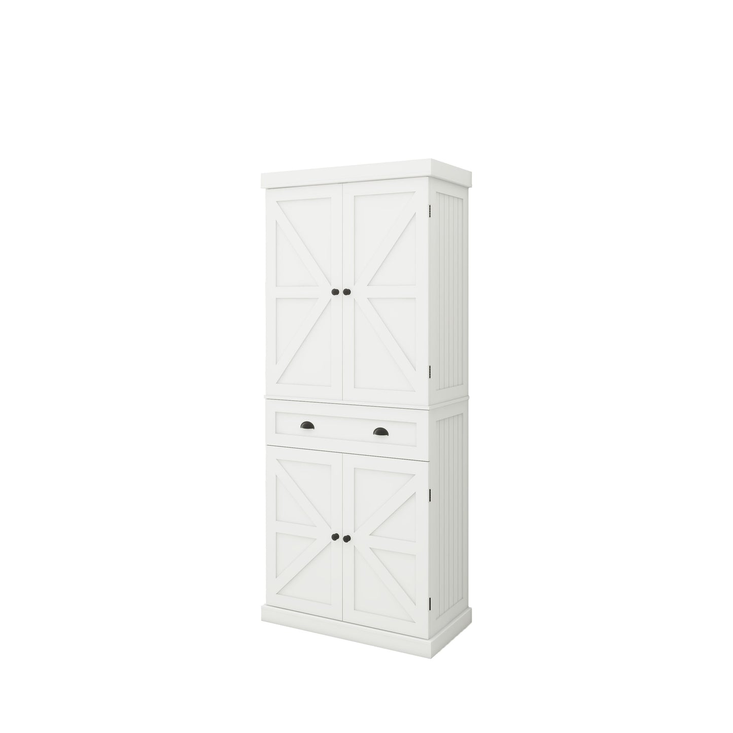 White farmhouse pantry cabinet with two doors and two drawers