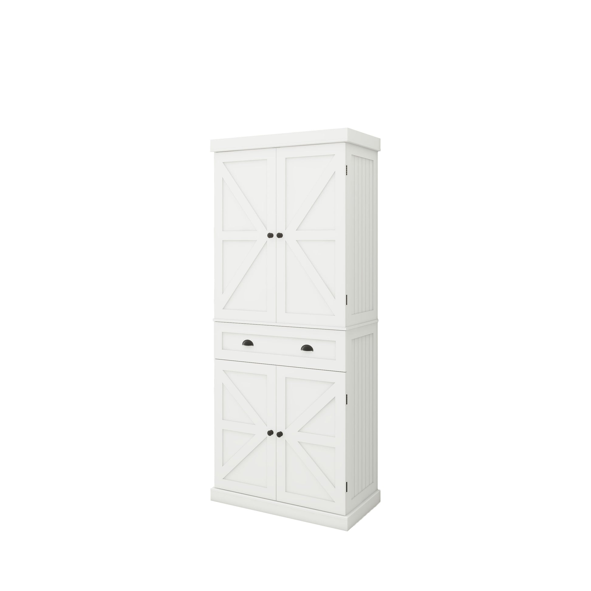 White farmhouse pantry cabinet with two doors and two drawers