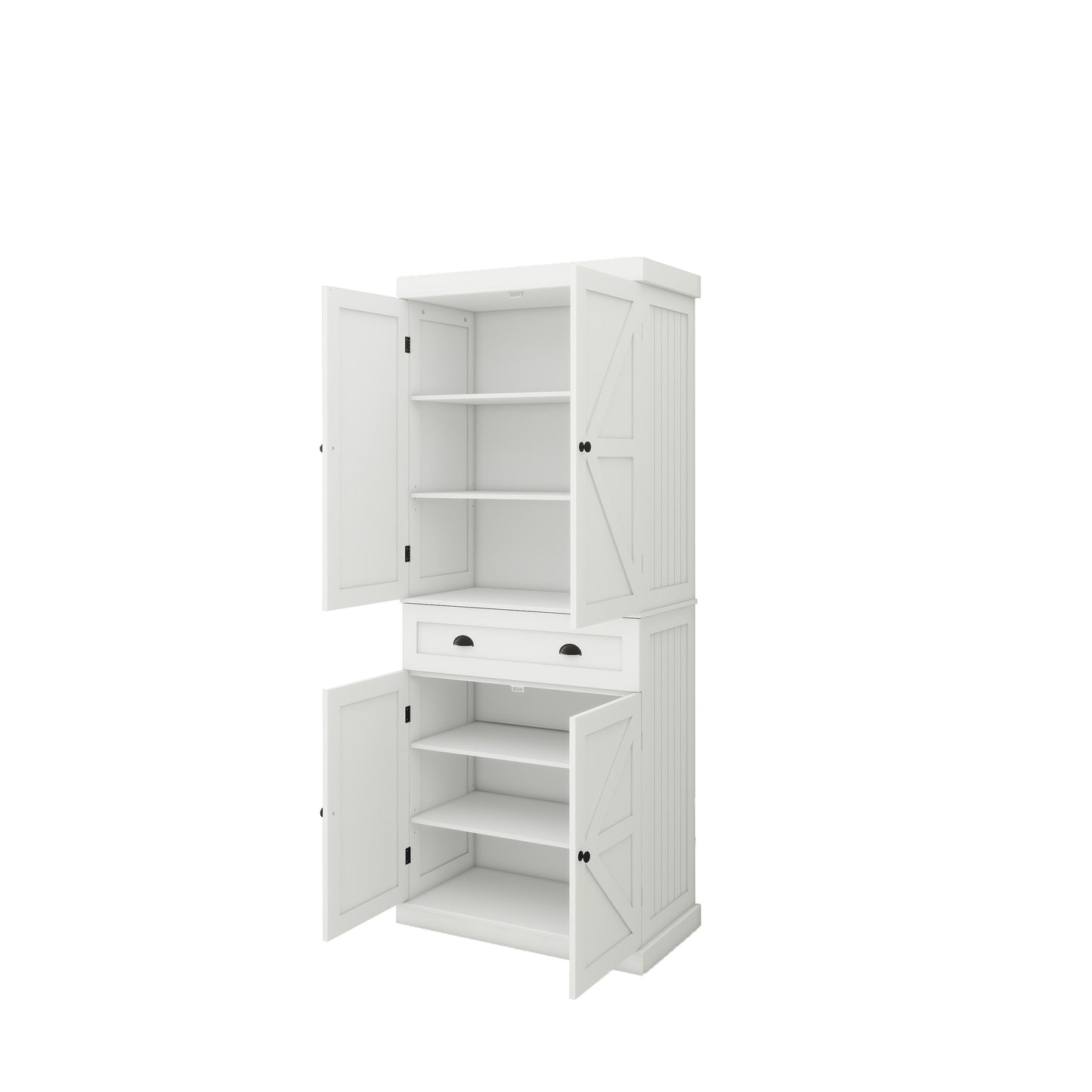 White pantry cabinet with open doors and adjustable shelves