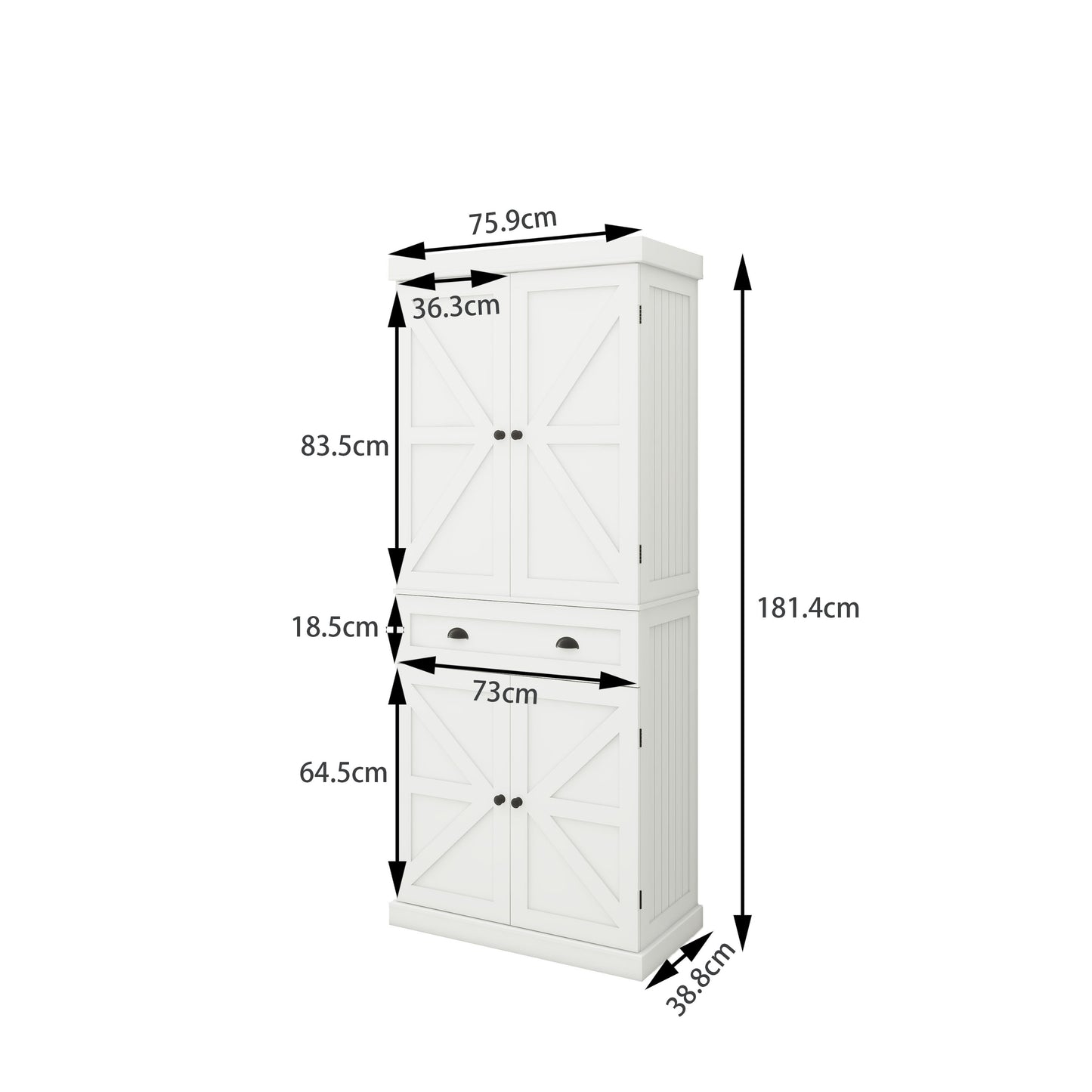 White farmhouse style cabinet with two upper doors and a drawer above two lower doors