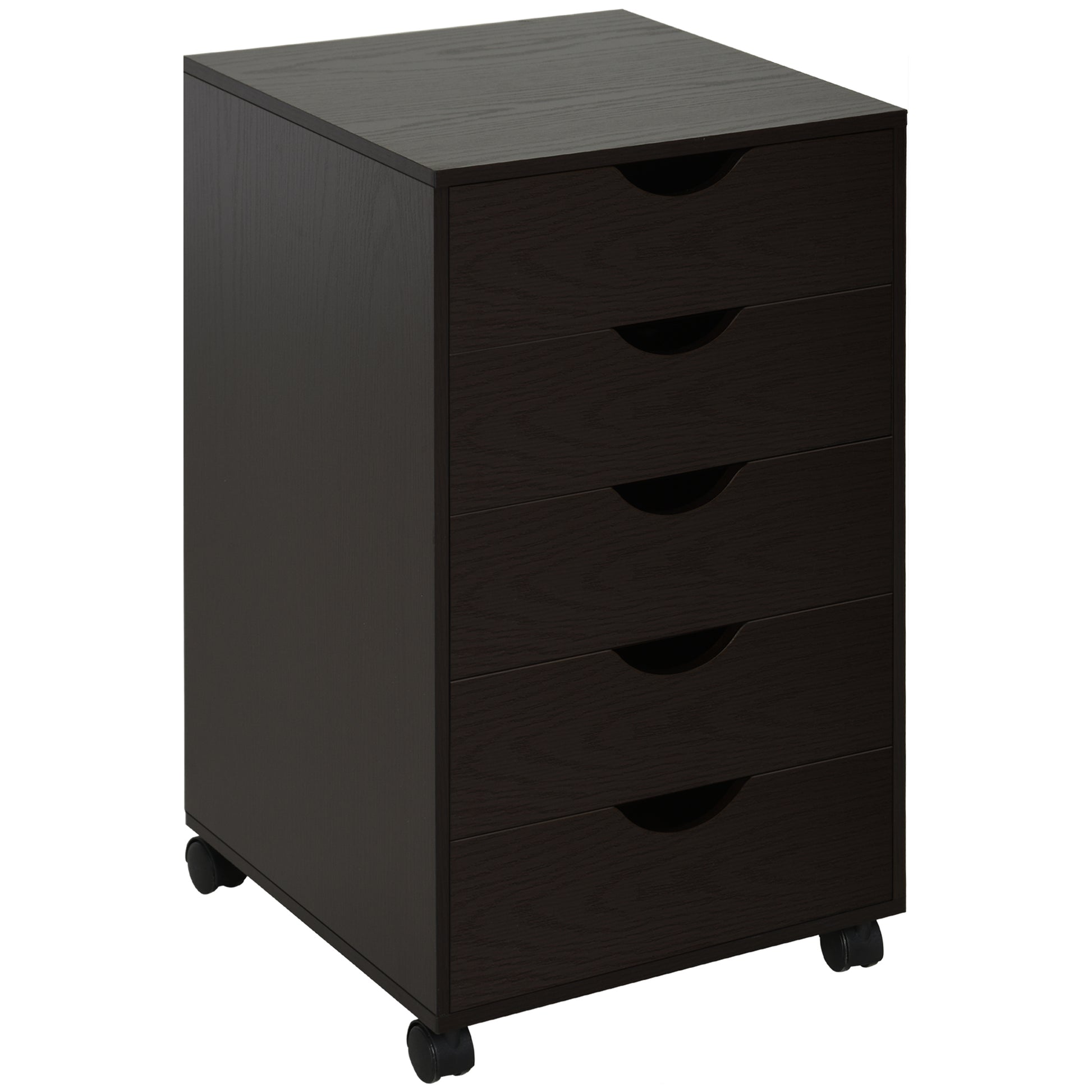Dark wood drawer rolling cabinet for office organization