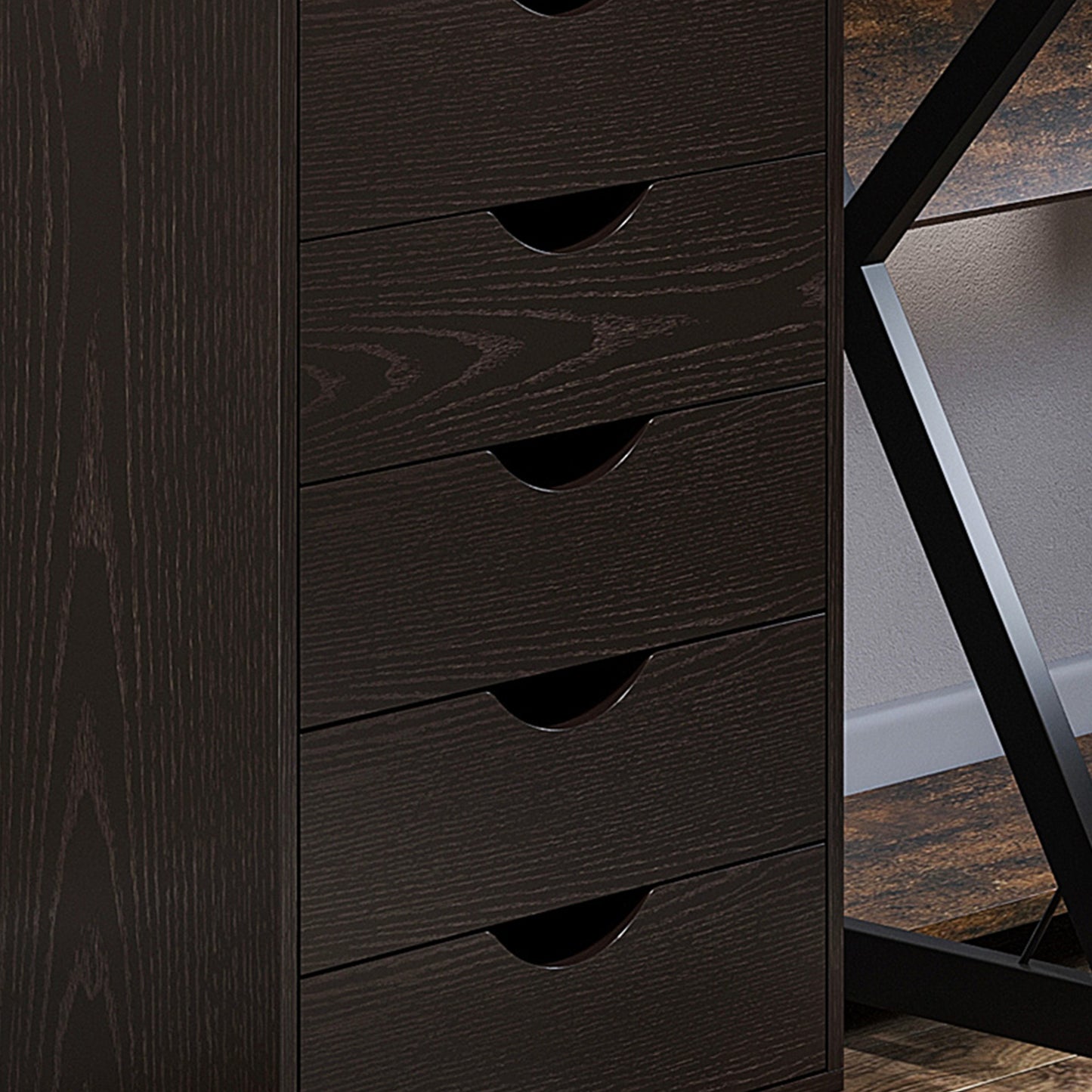 Dark wood veneer dresser with seven drawers