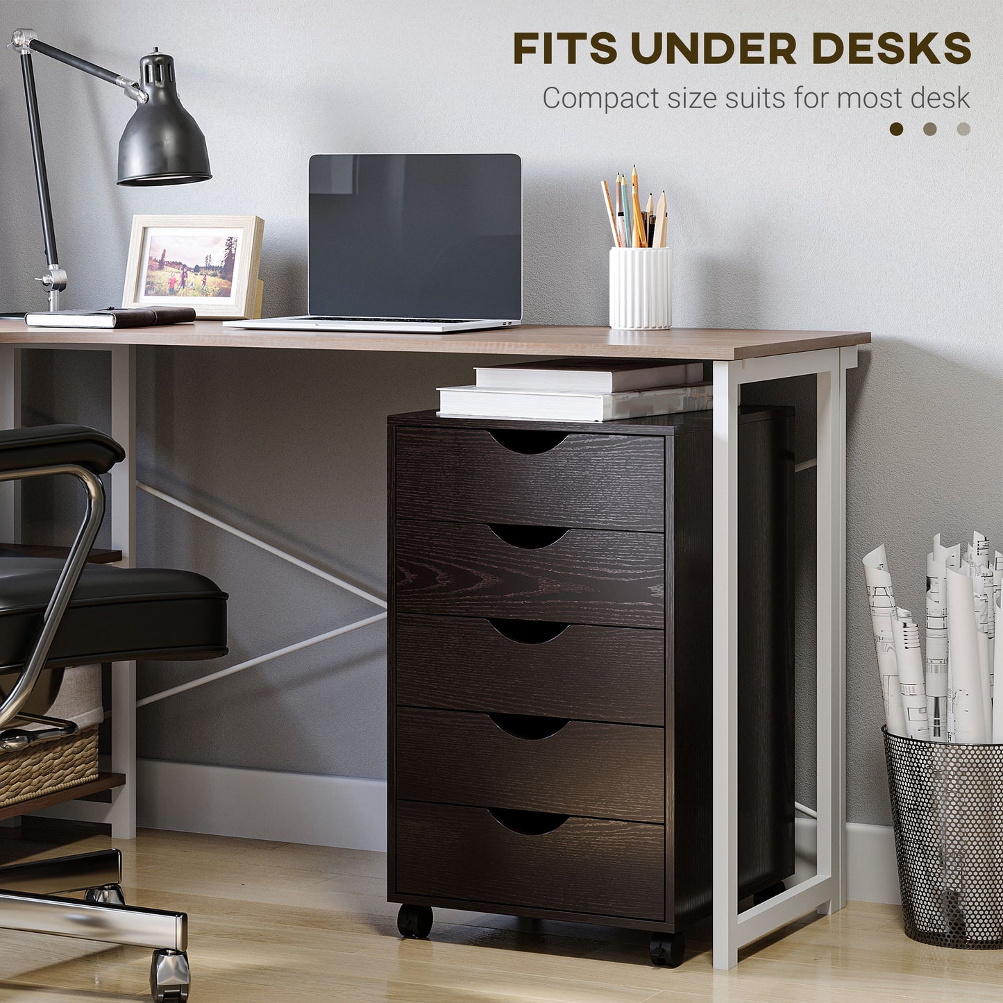 Dark brown wood filing cabinet with five drawers on wheels
