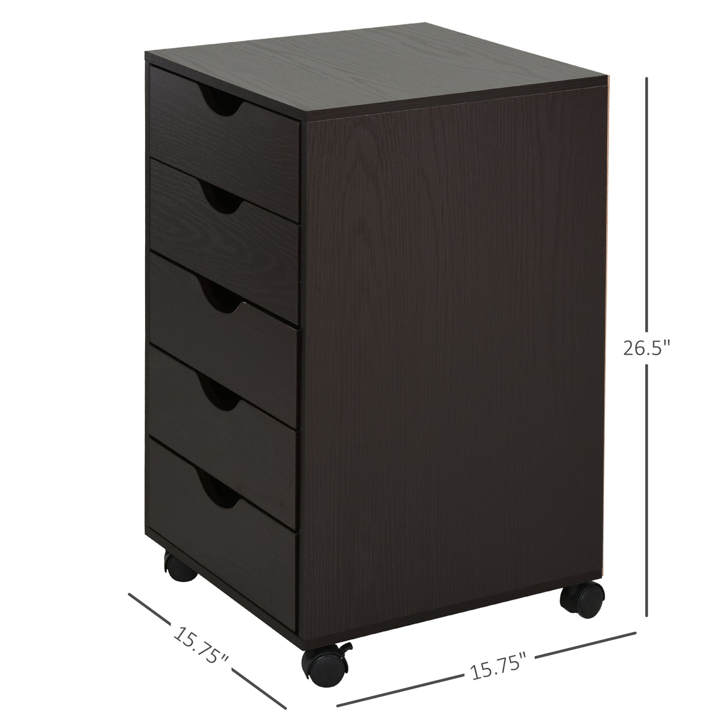 Dark brown rolling drawer unit with five pullout drawers for office storage
