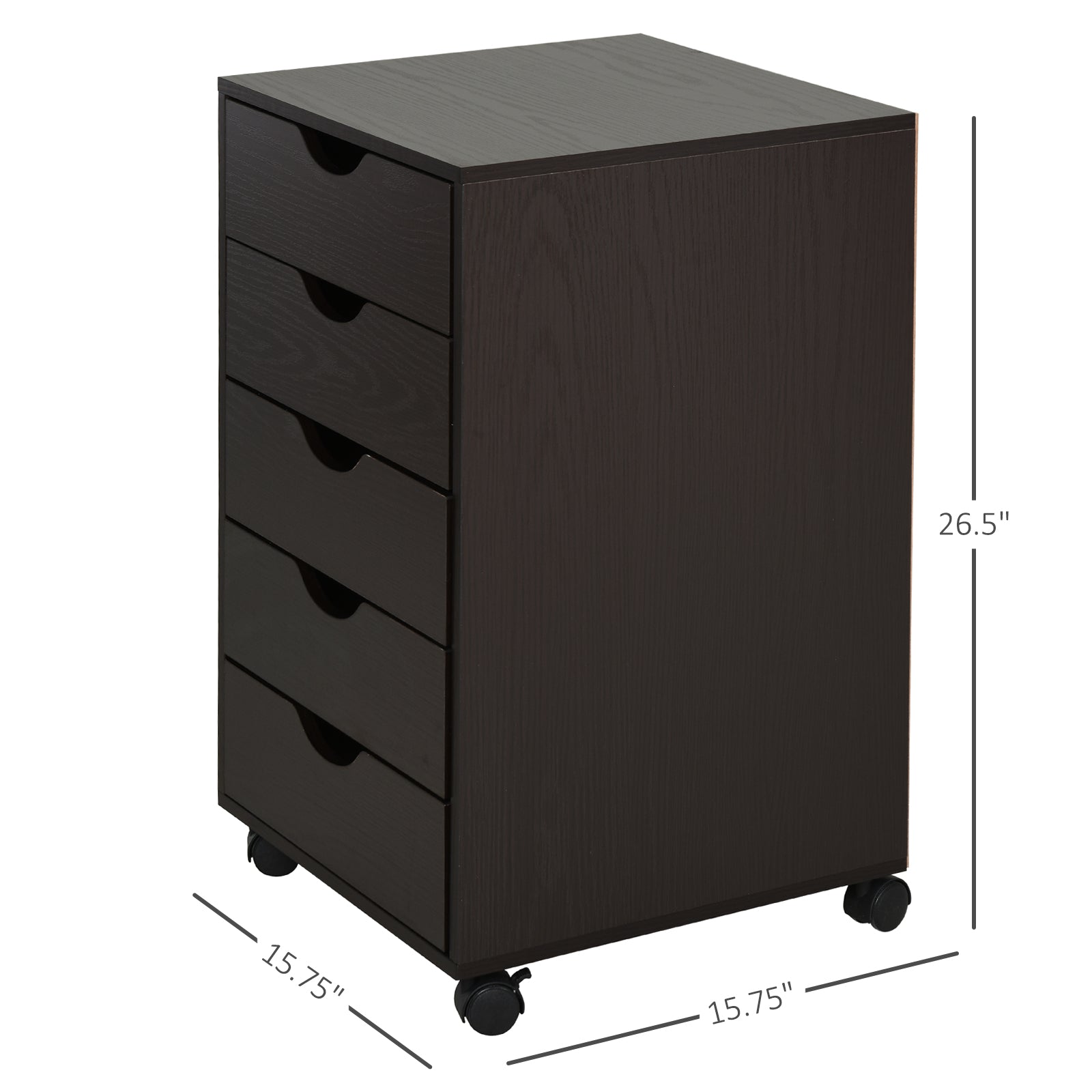 Dark brown rolling drawer unit with five pullout drawers for office storage