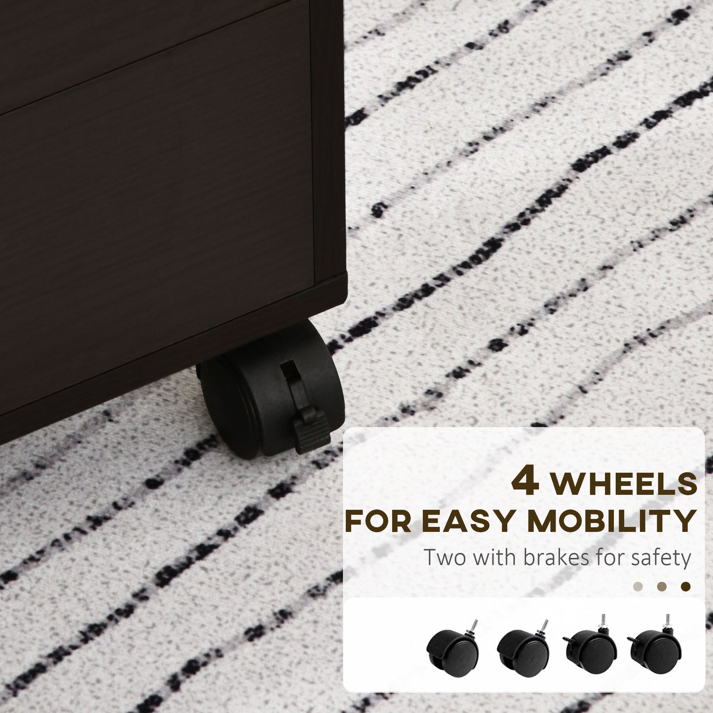 Dark wood furniture leg with black caster wheel