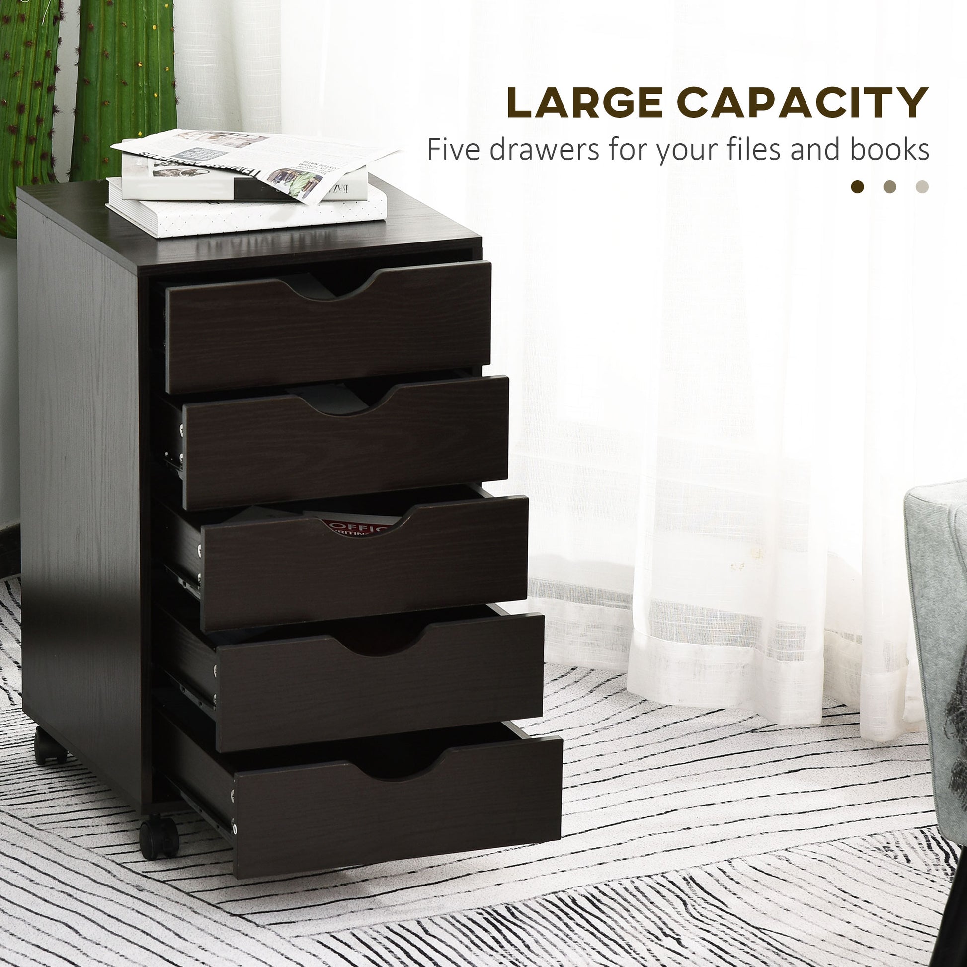 Dark wood filing cabinet with five drawers and caster wheels