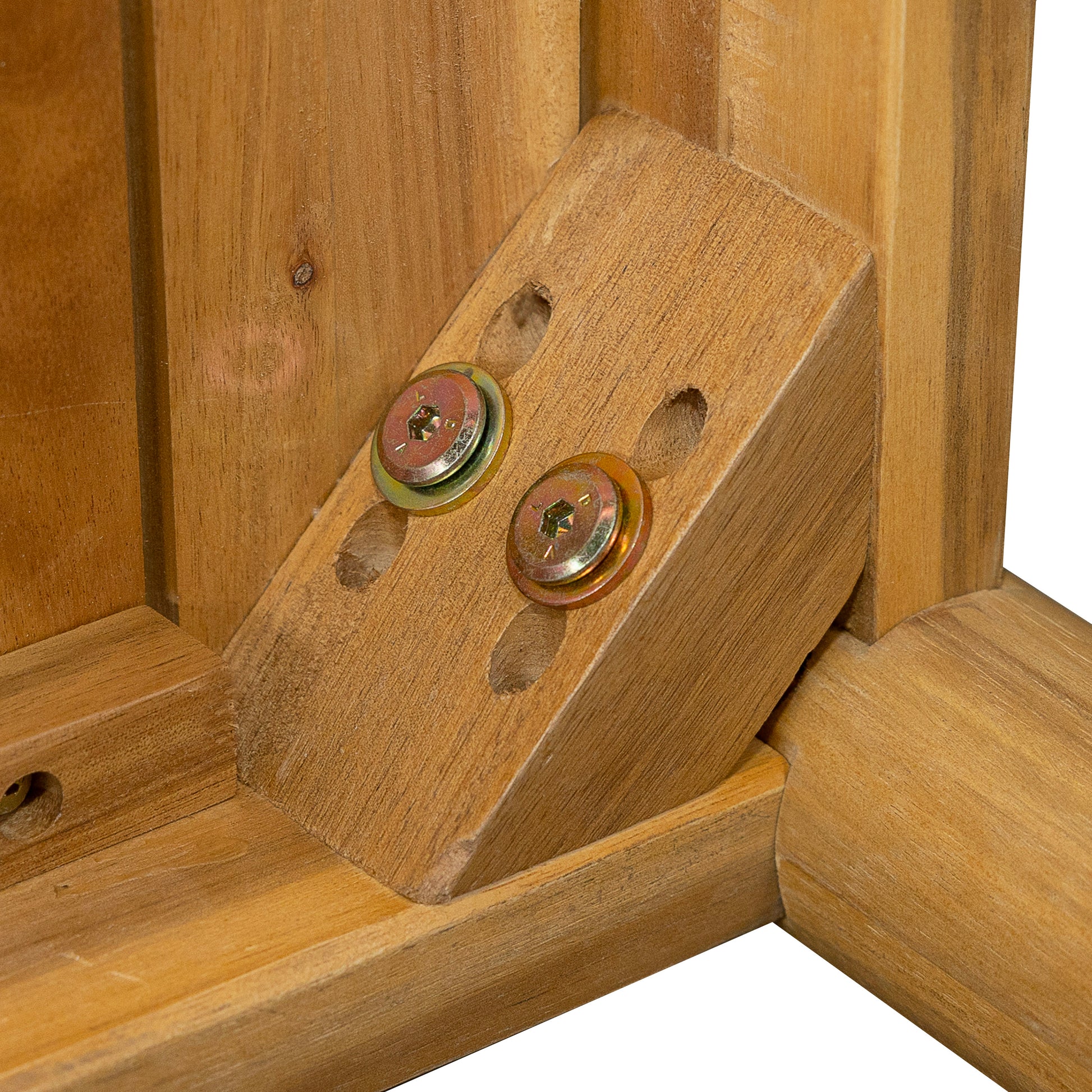 Wooden furniture bracket detail with two galvanized screws