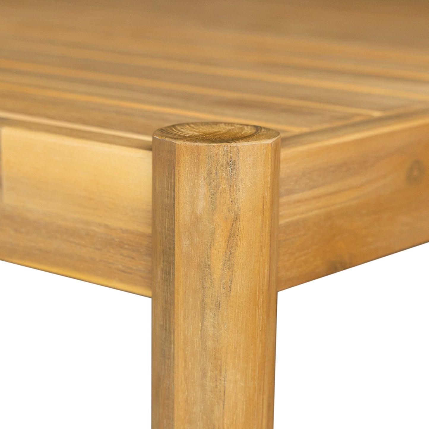 Natural wood outdoor table leg detail with visible grain