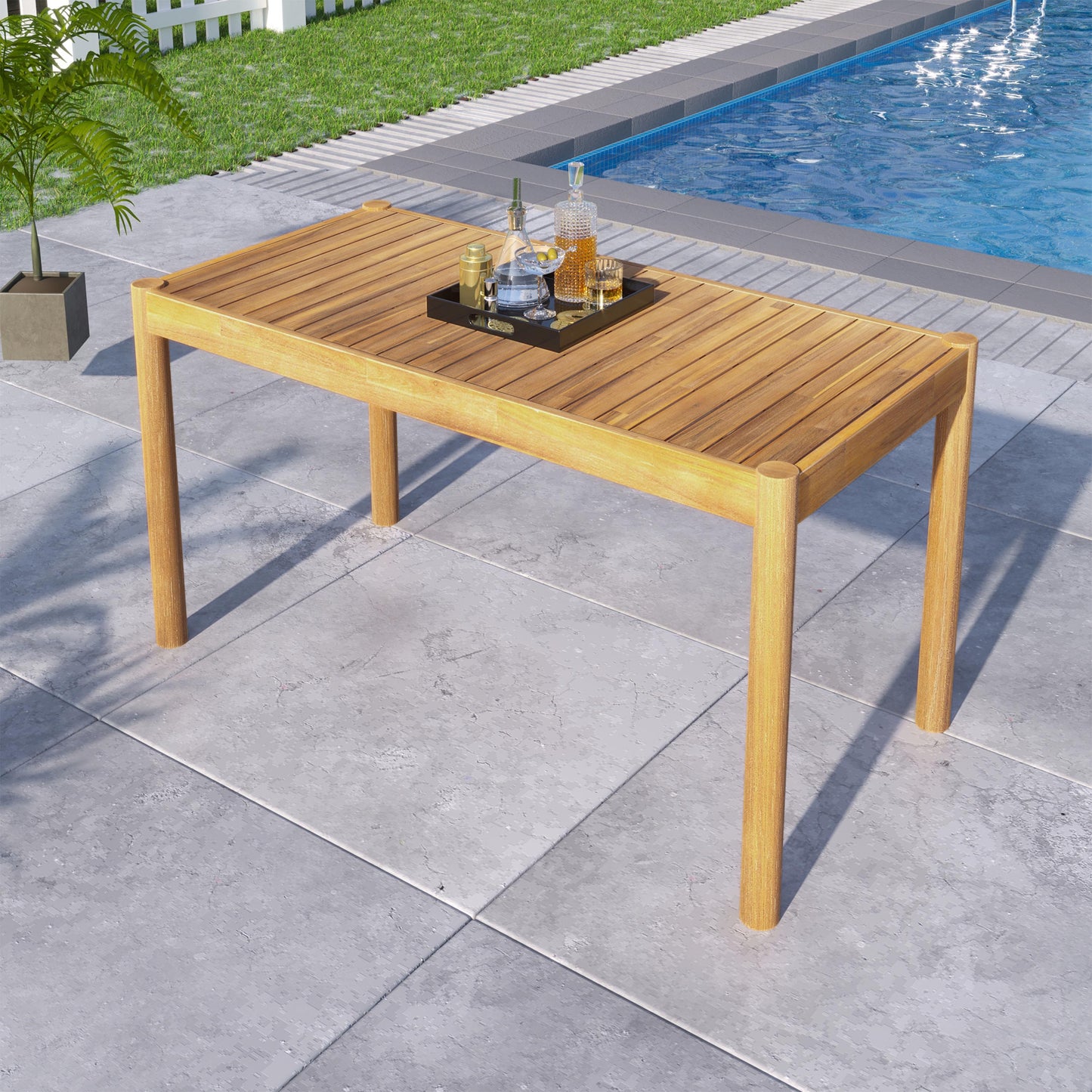Wooden dining table with slatted top and thick legs ideal for outdoor entertaining