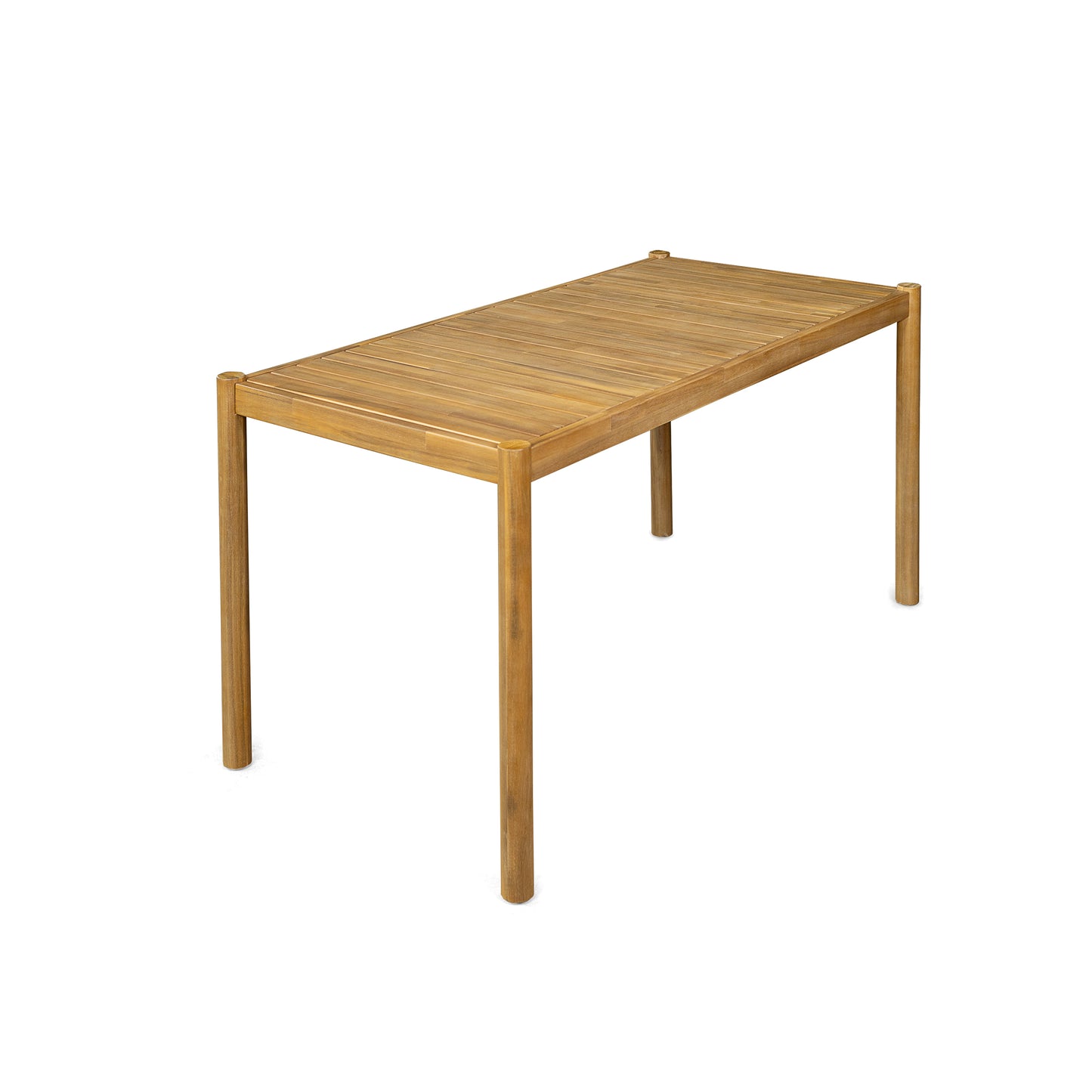 Rectangular slatted wood dining table with four cylindrical legs