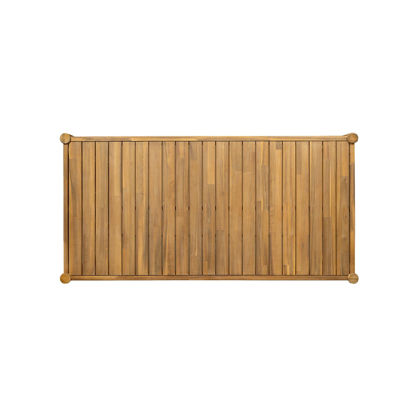 Natural teak wood privacy fence panel with vertical planks and rounded corner posts