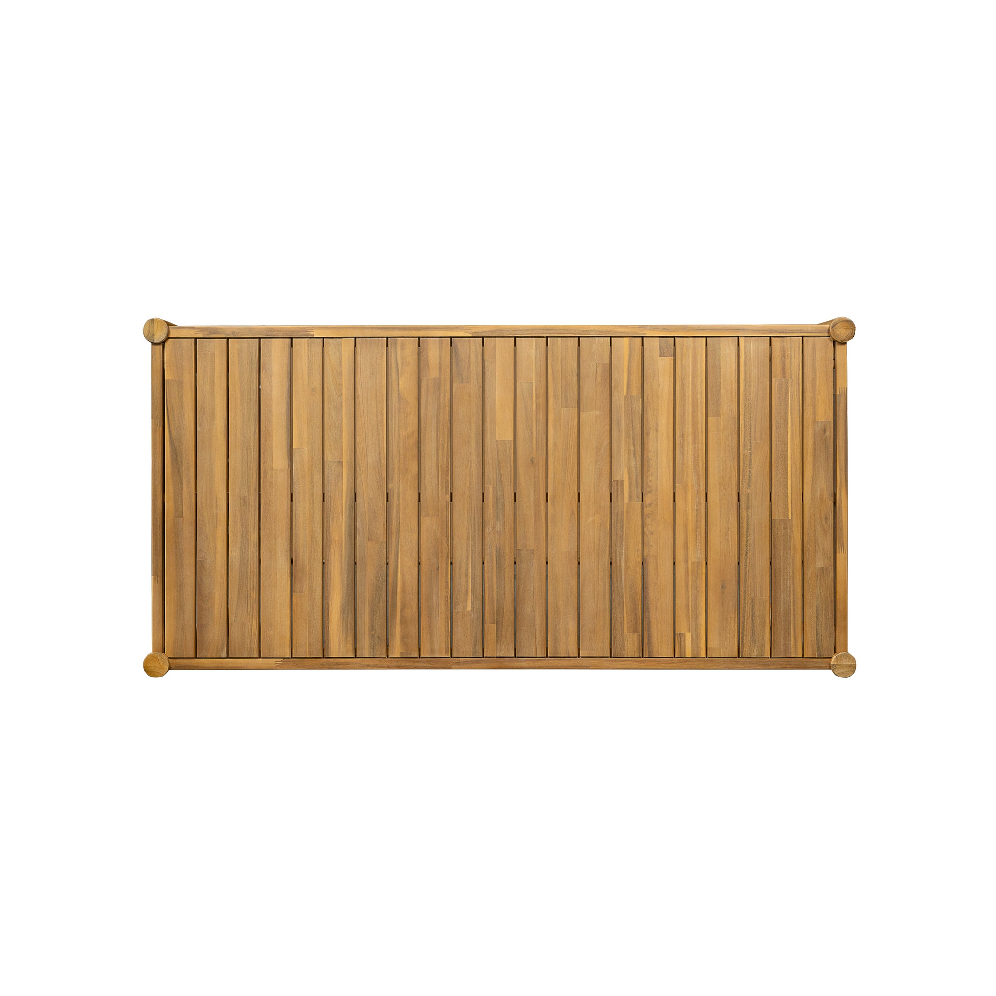 Natural teak wood privacy fence panel with vertical planks and rounded corner posts