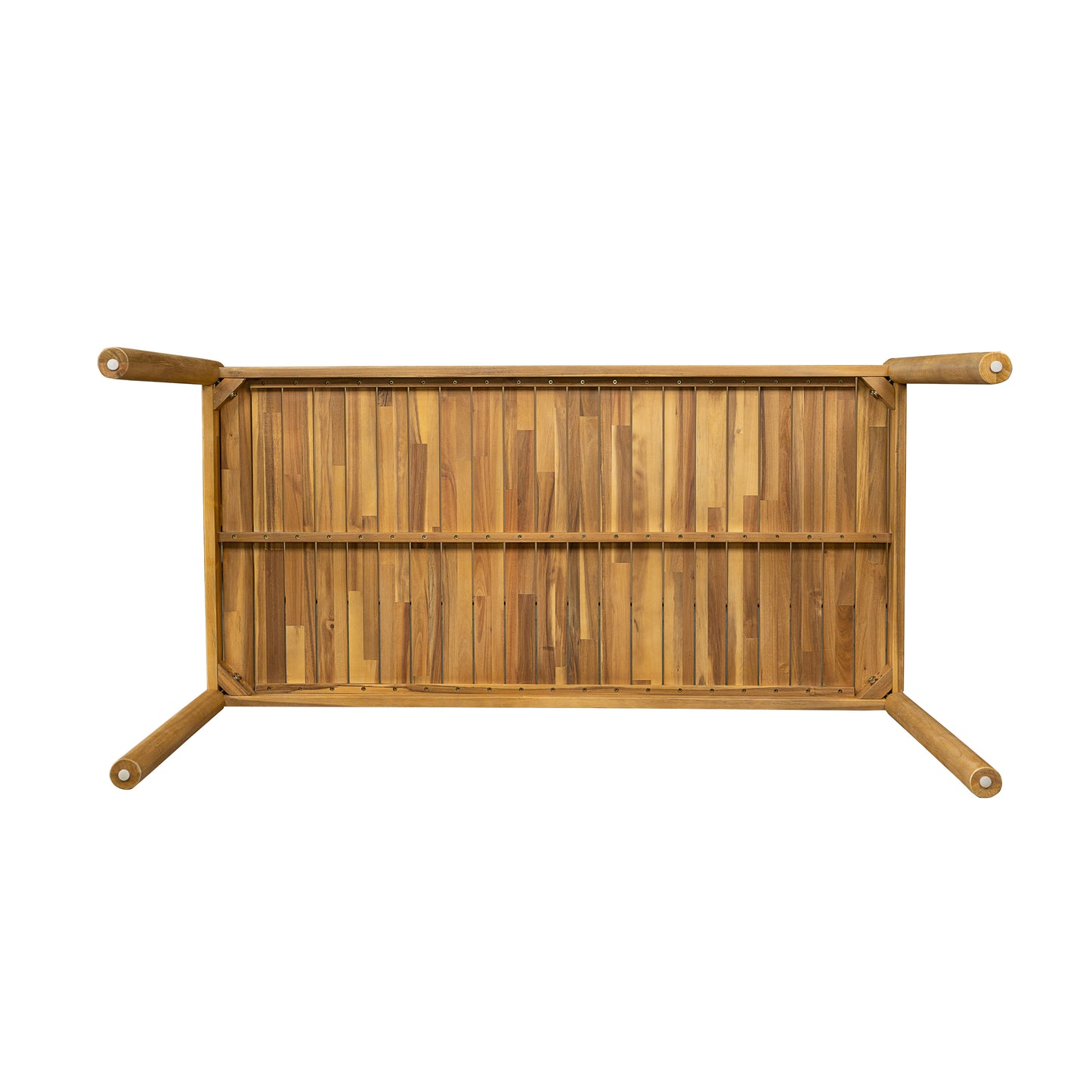 Natural wood dining table bottom view with slatted surface and four cylindrical legs
