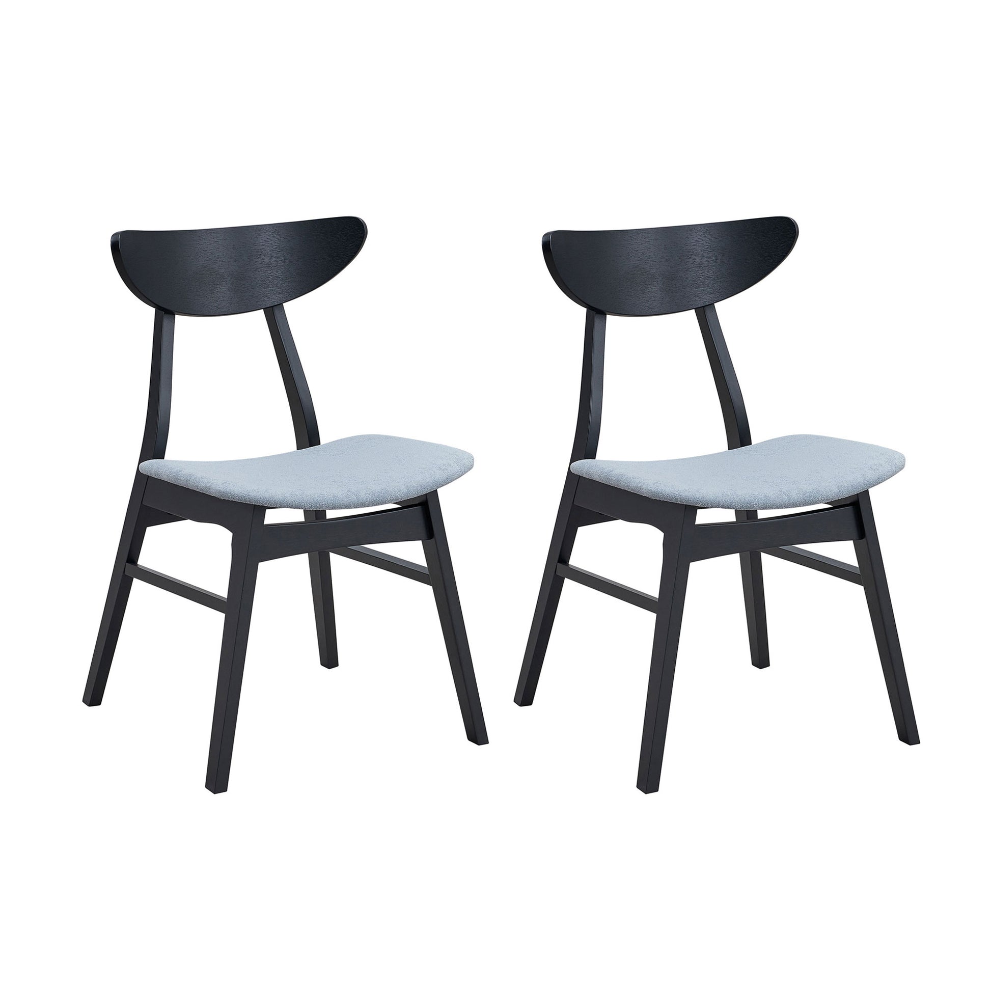 Two black wooden chairs with light grey upholstered seats and curved backs