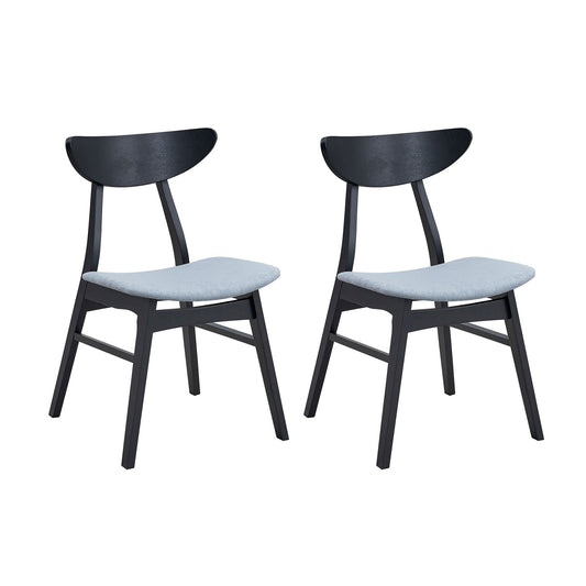 Two black wooden chairs with light grey upholstered seats and curved backs