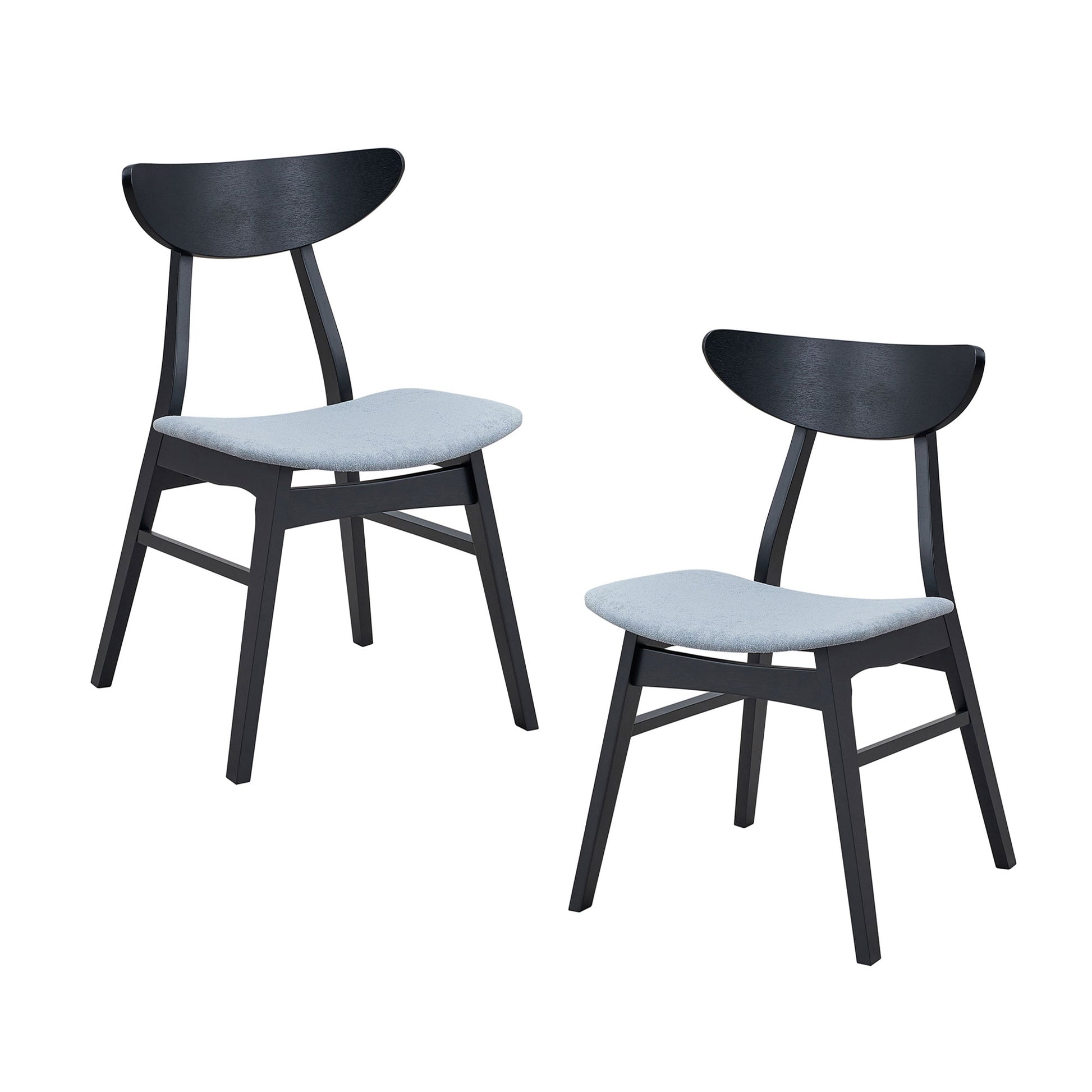 Two black wood dining chairs with light blue upholstered seats