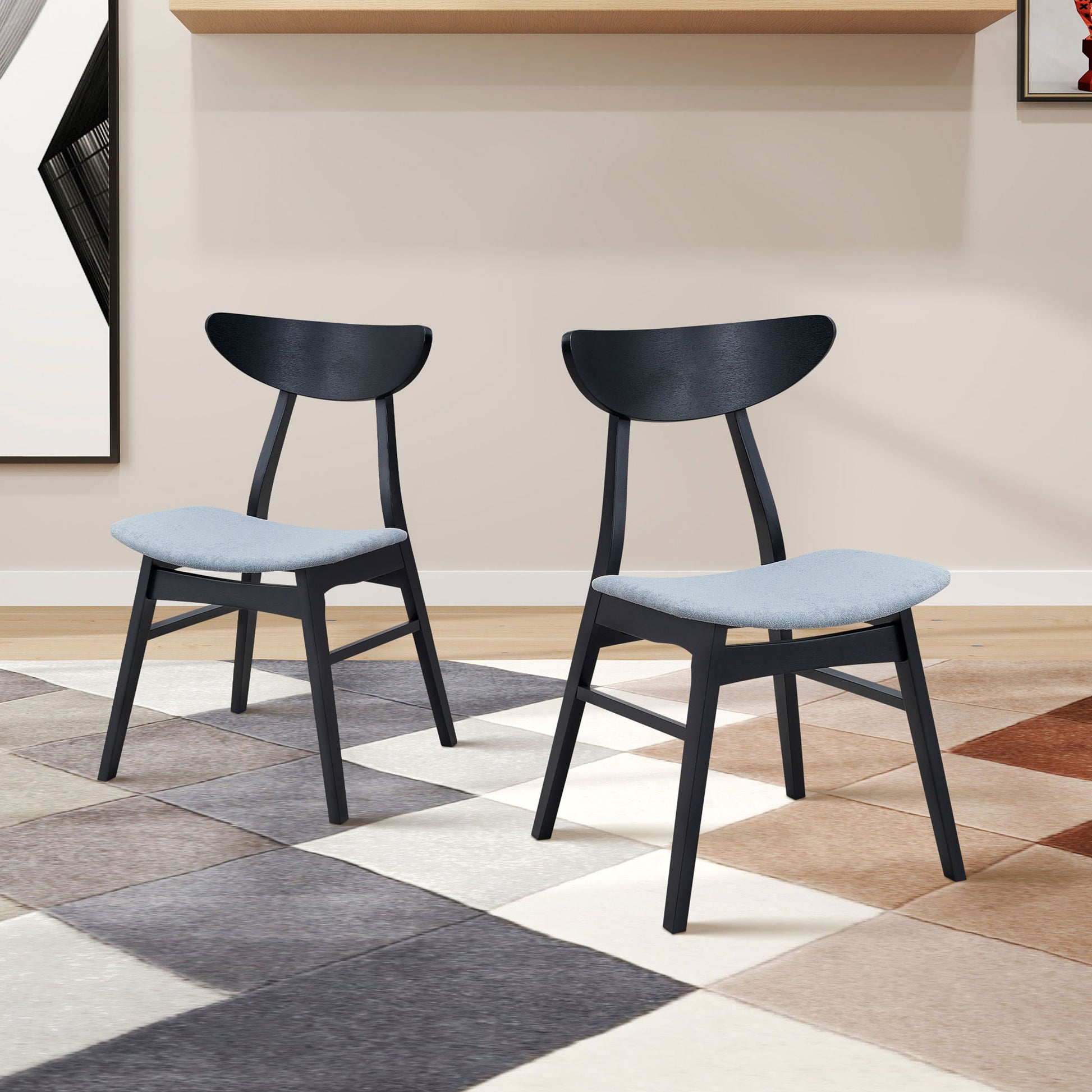 Black modern dining chairs with light blue upholstered seats