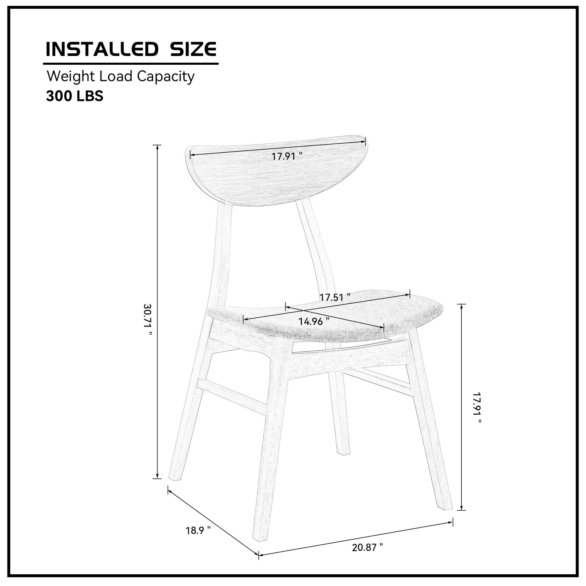 Line drawing of a modern dining chair with upholstered seat and wooden frame