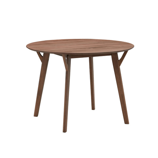 Round walnut wood dining table with tapered legs