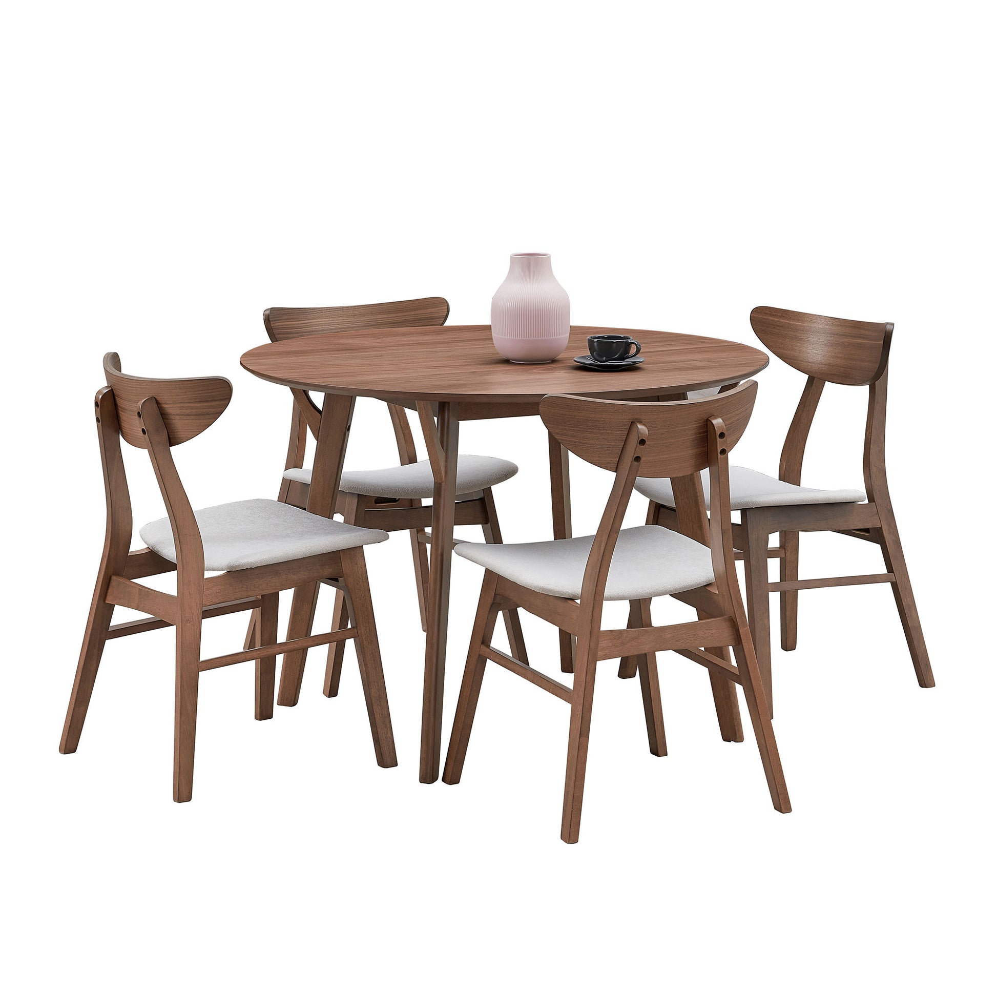Round walnut dining table with four wooden chairs featuring grey upholstered seats