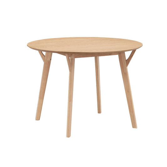 Natural wood round dining table with angled legs