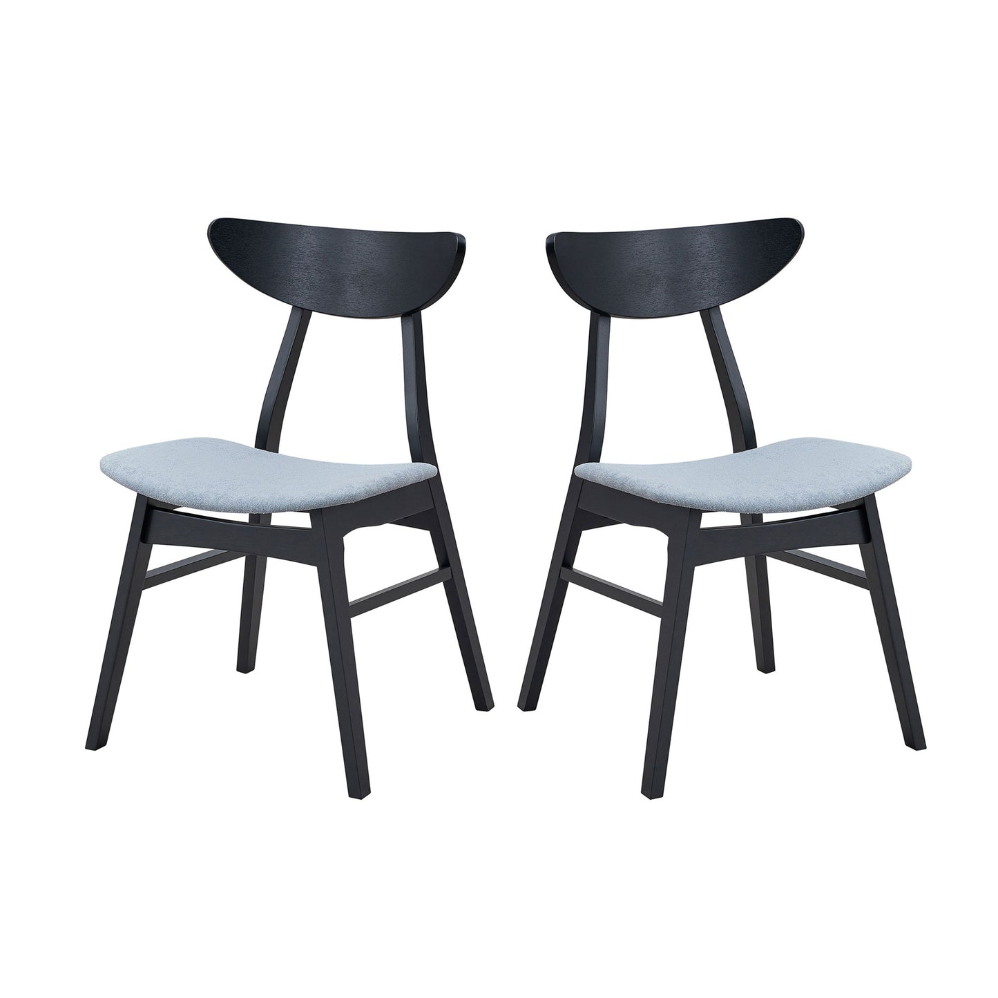 Pair of modern black wooden chairs with light grey upholstered seats