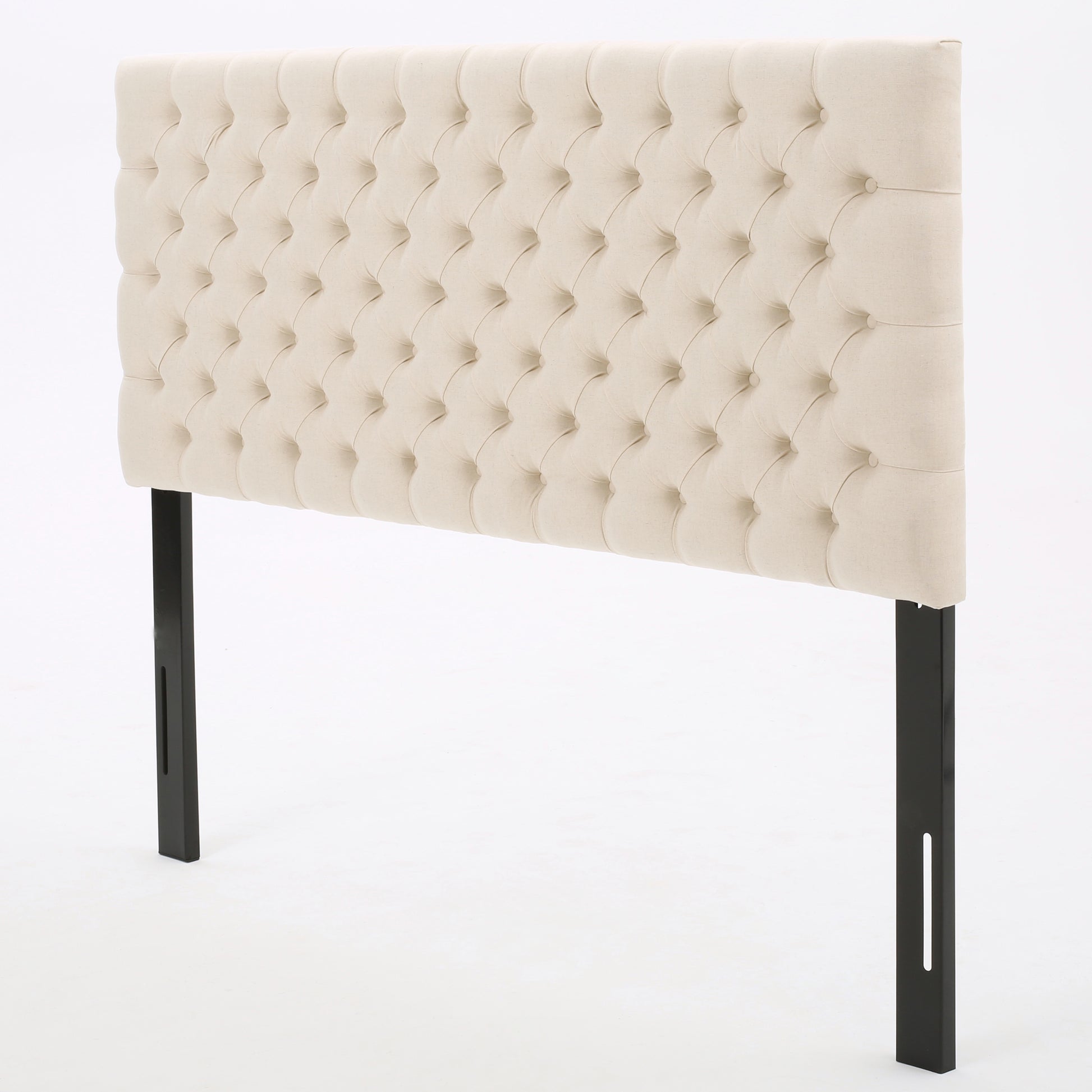 Cream fabric diamond tufted headboard with black metal legs