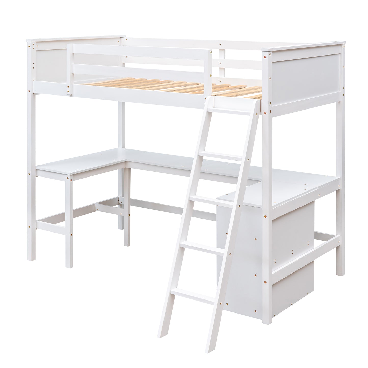 White loft bed with integrated desk and ladder