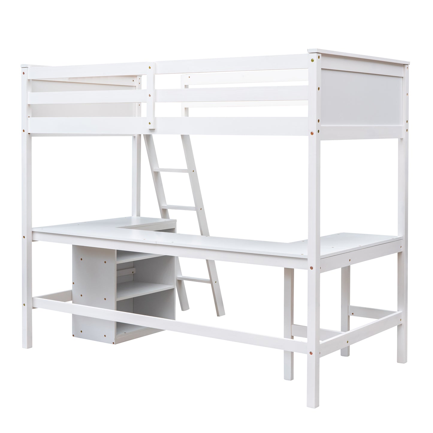 White wooden loft bed with integrated desk and shelving unit