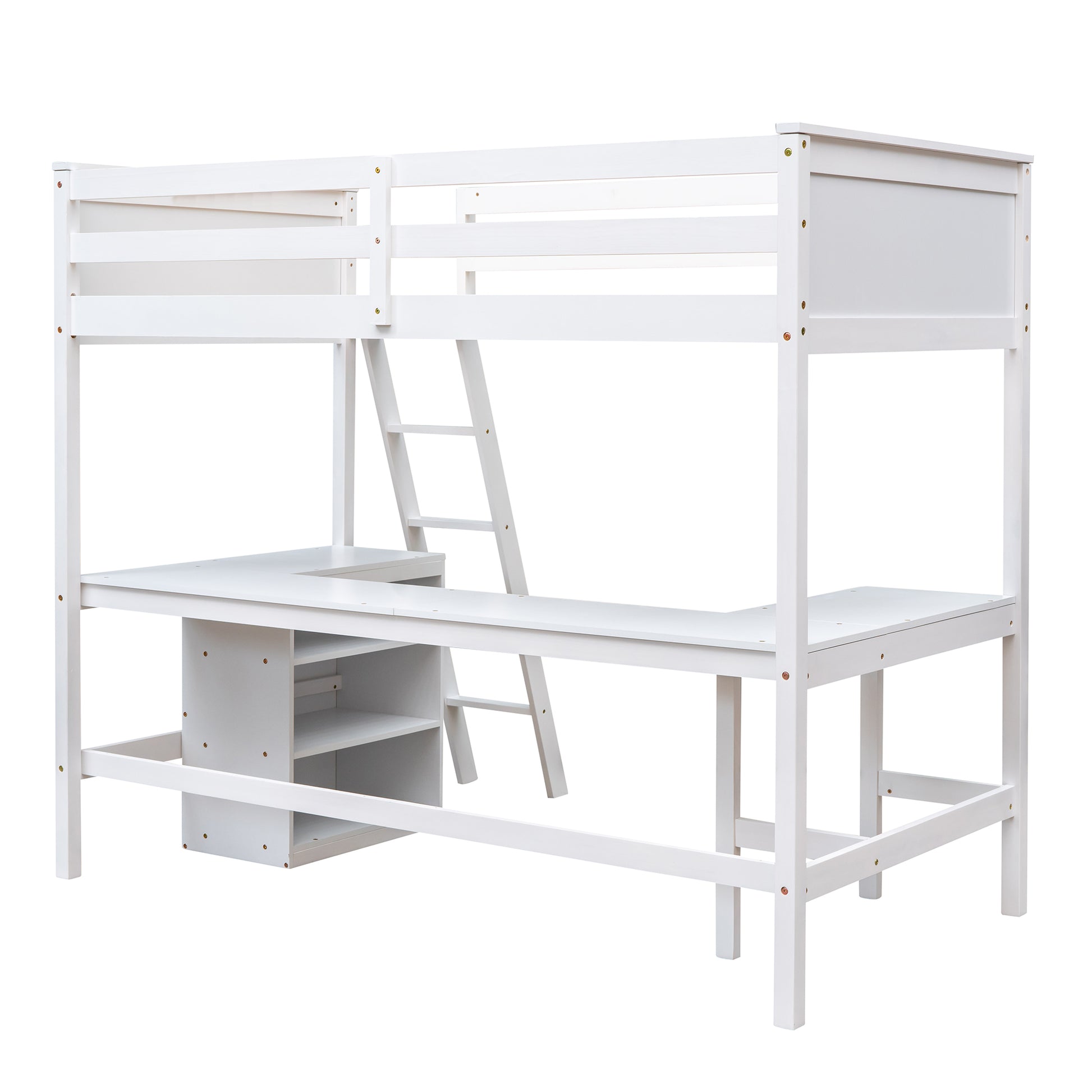 White wooden loft bed with integrated desk and shelving unit