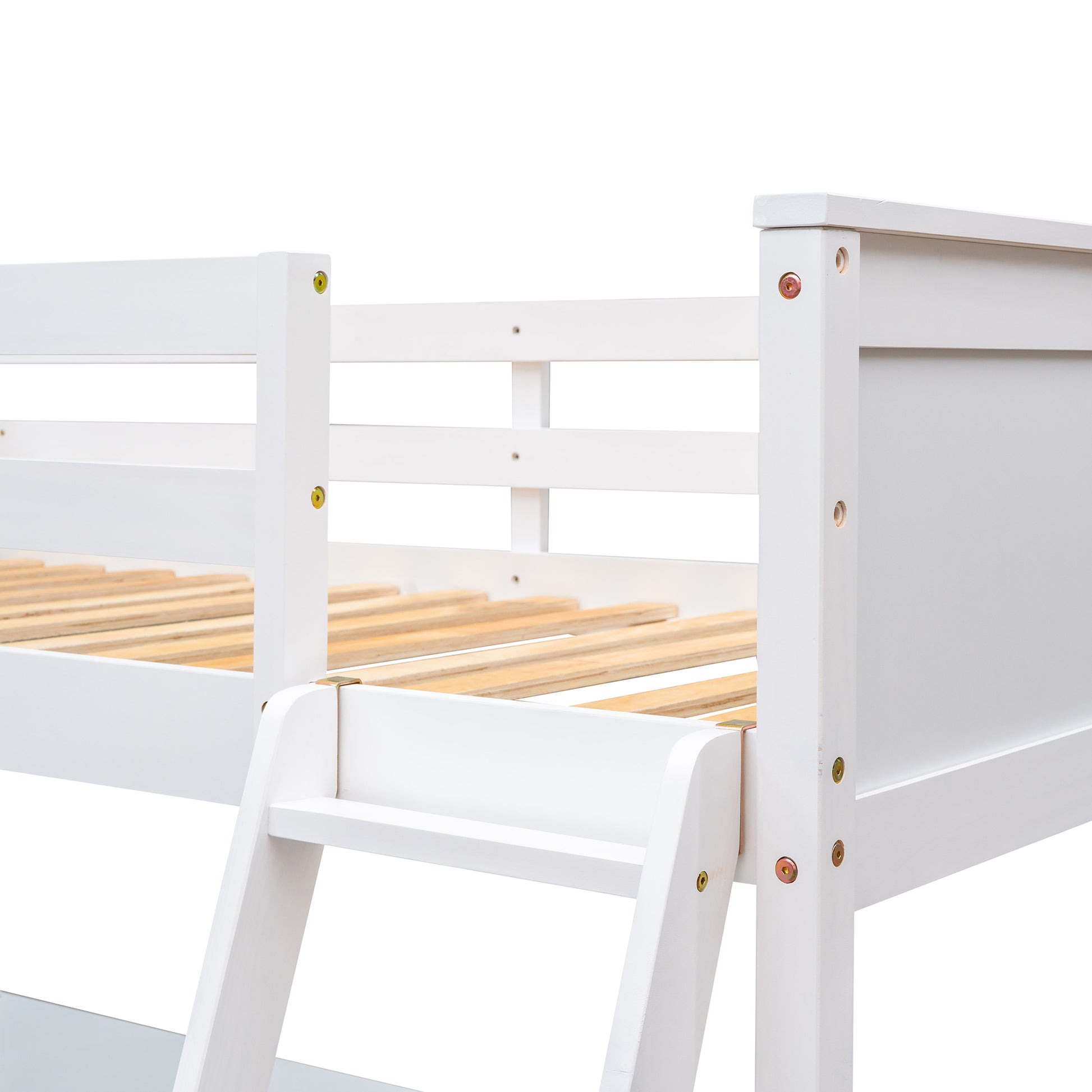 White wooden bunk bed frame with ladder detail