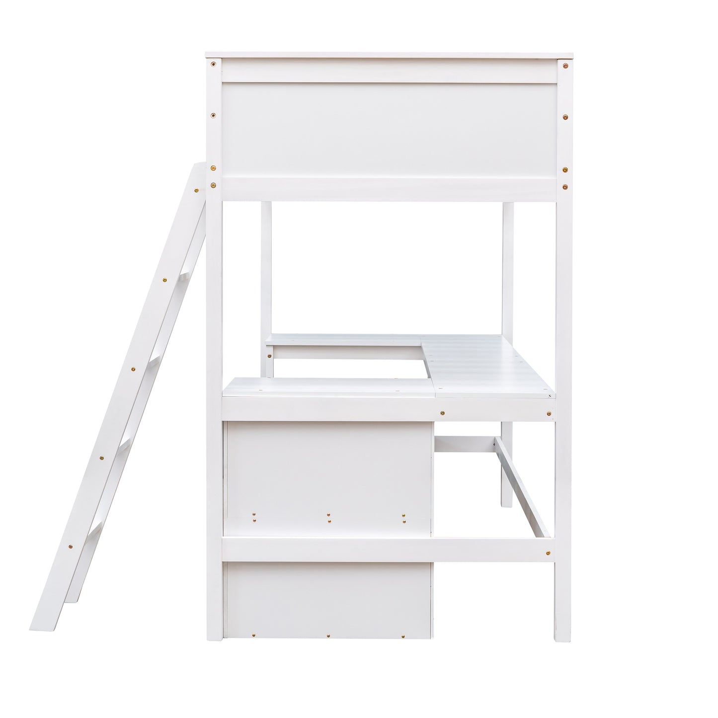 White loft bed with desk and ladder