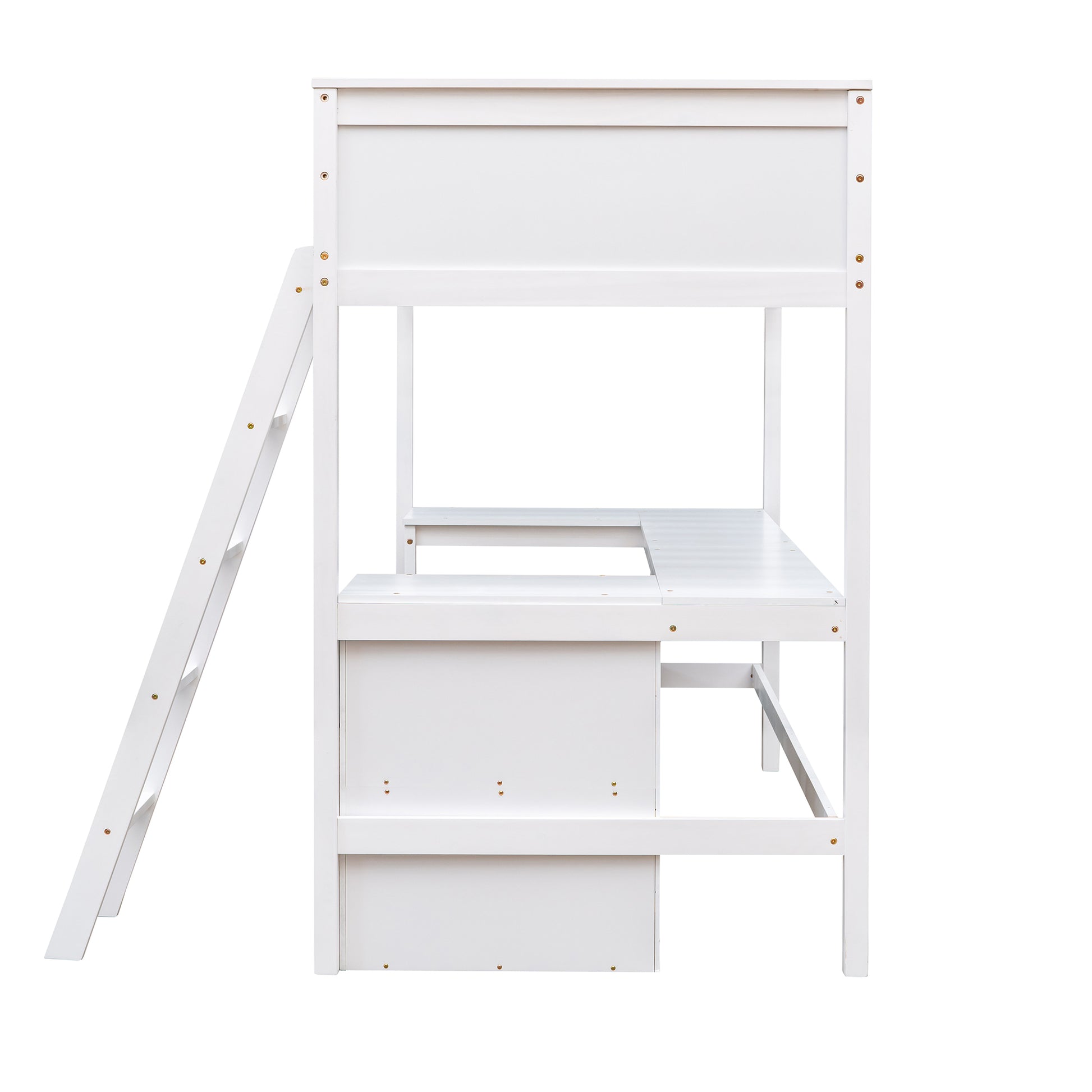 White loft bed with desk and ladder