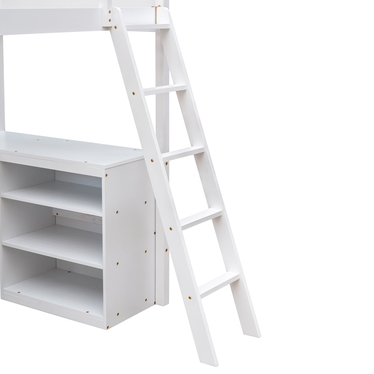 White wooden loft bed ladder and shelves with visible screw heads