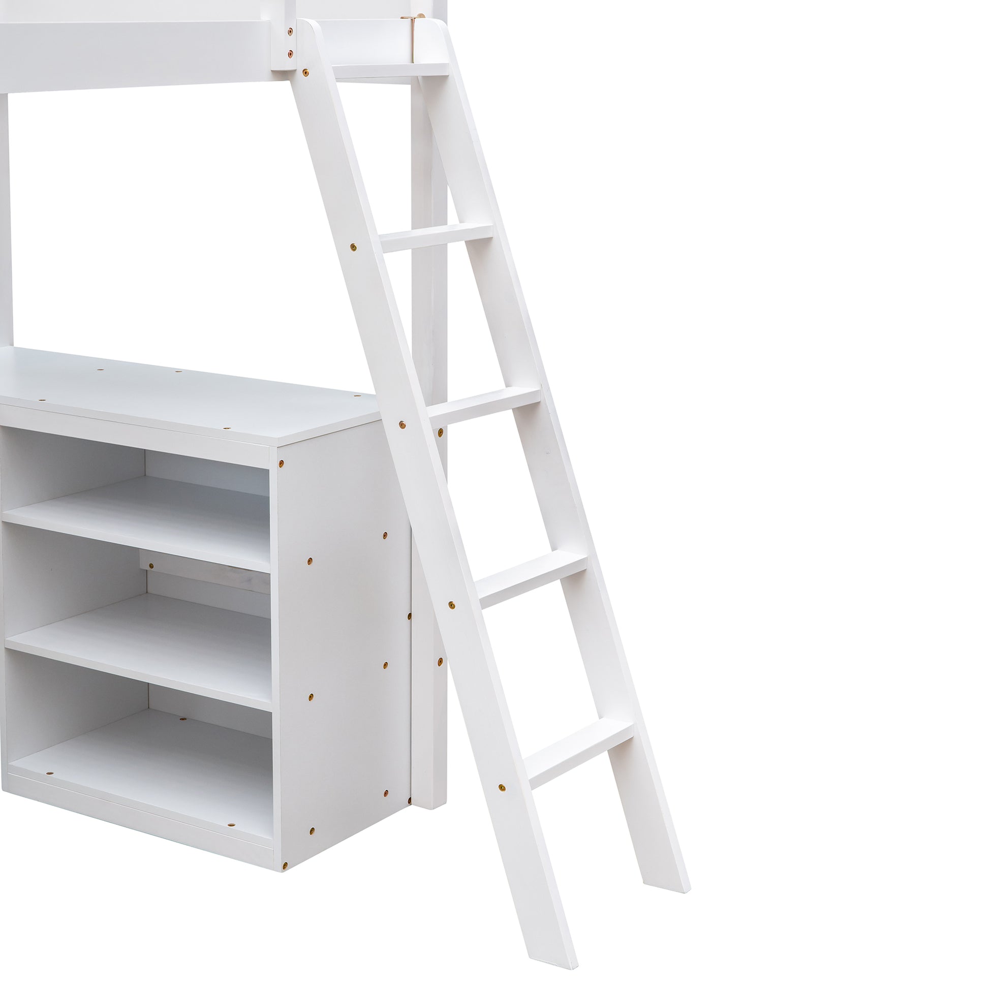 White wooden loft bed ladder and shelves with visible screw heads