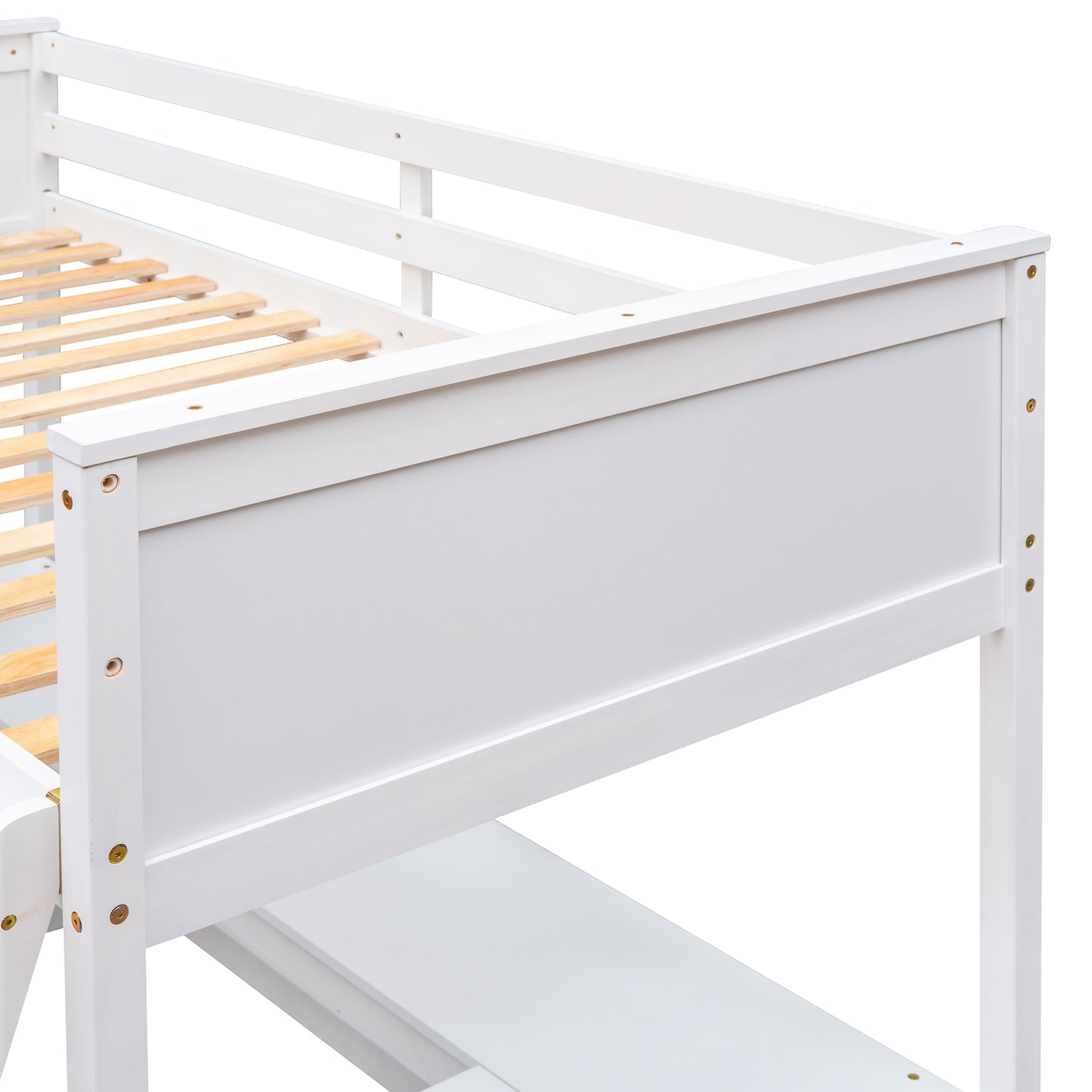 Closeup of a white wooden bunk bed frame showing slats and guardrail detail