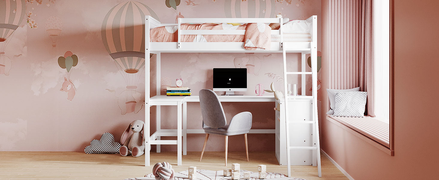 White loft bed with integrated desk and grey chair
