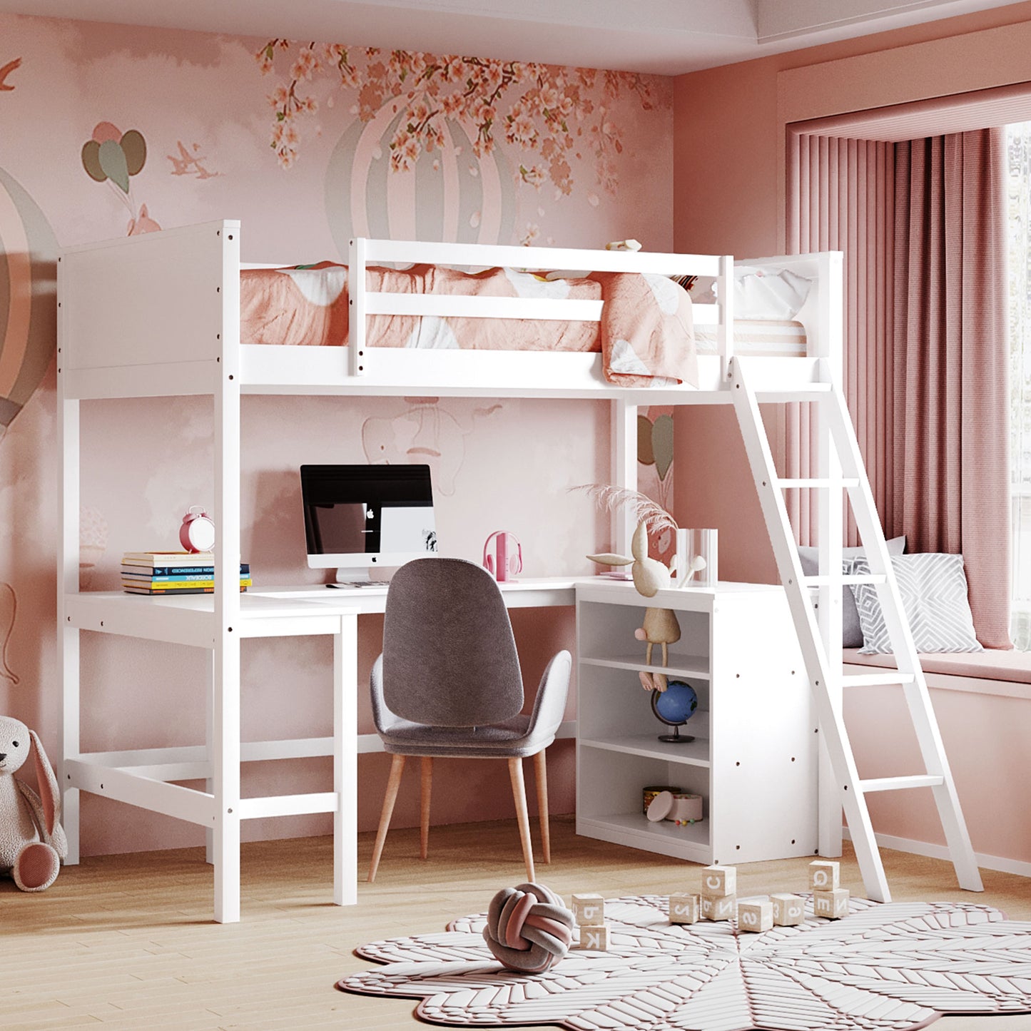 TREATLIFE HOME Twin Size Loft Bed with Shelves and Desk, Wooden Frame, White