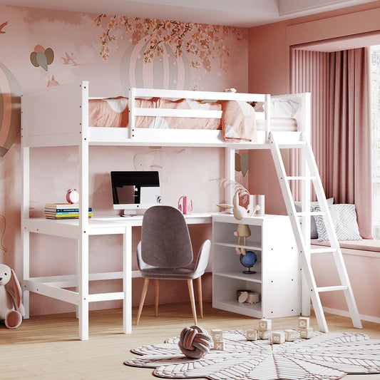 TREATLIFE HOME Twin Size Loft Bed with Shelves and Desk, Wooden Frame, White