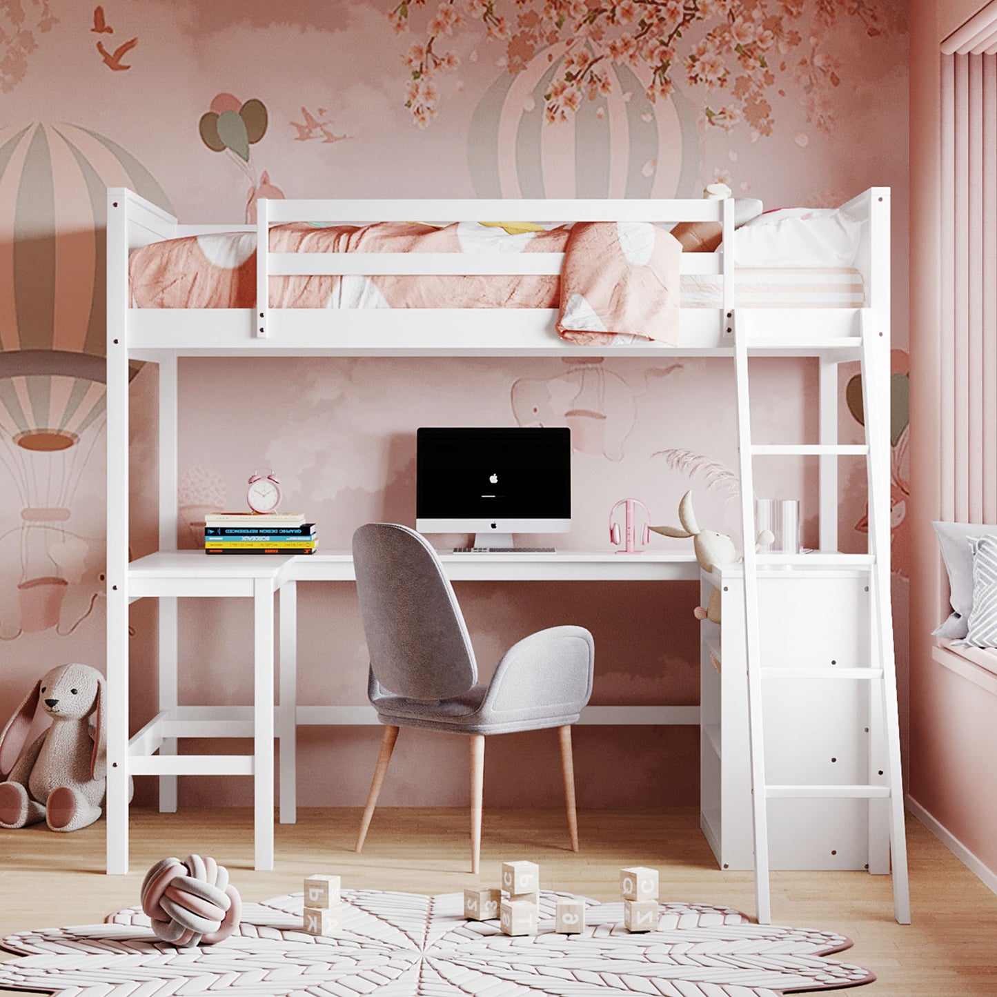 White wooden loft bed with integrated desk and chair for children