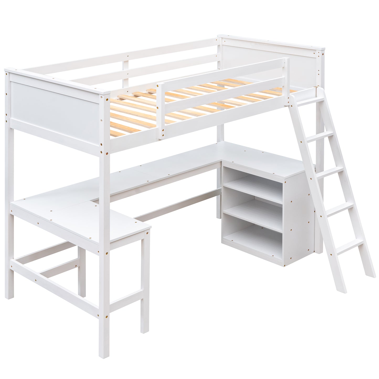 White wooden loft bed with integrated desk and storage shelves