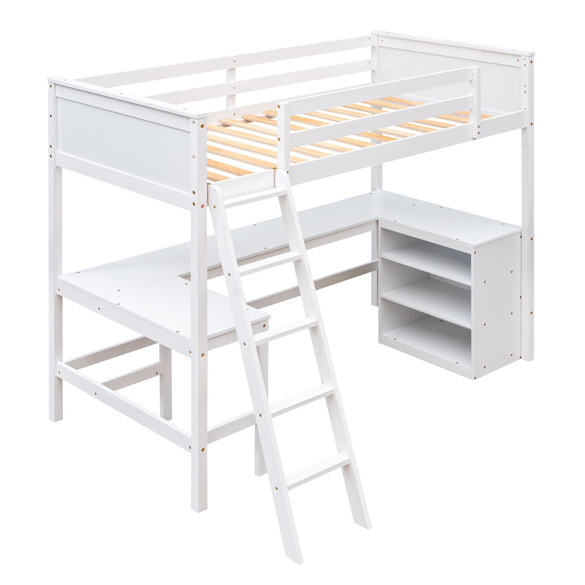White loft bed with desk and shelves