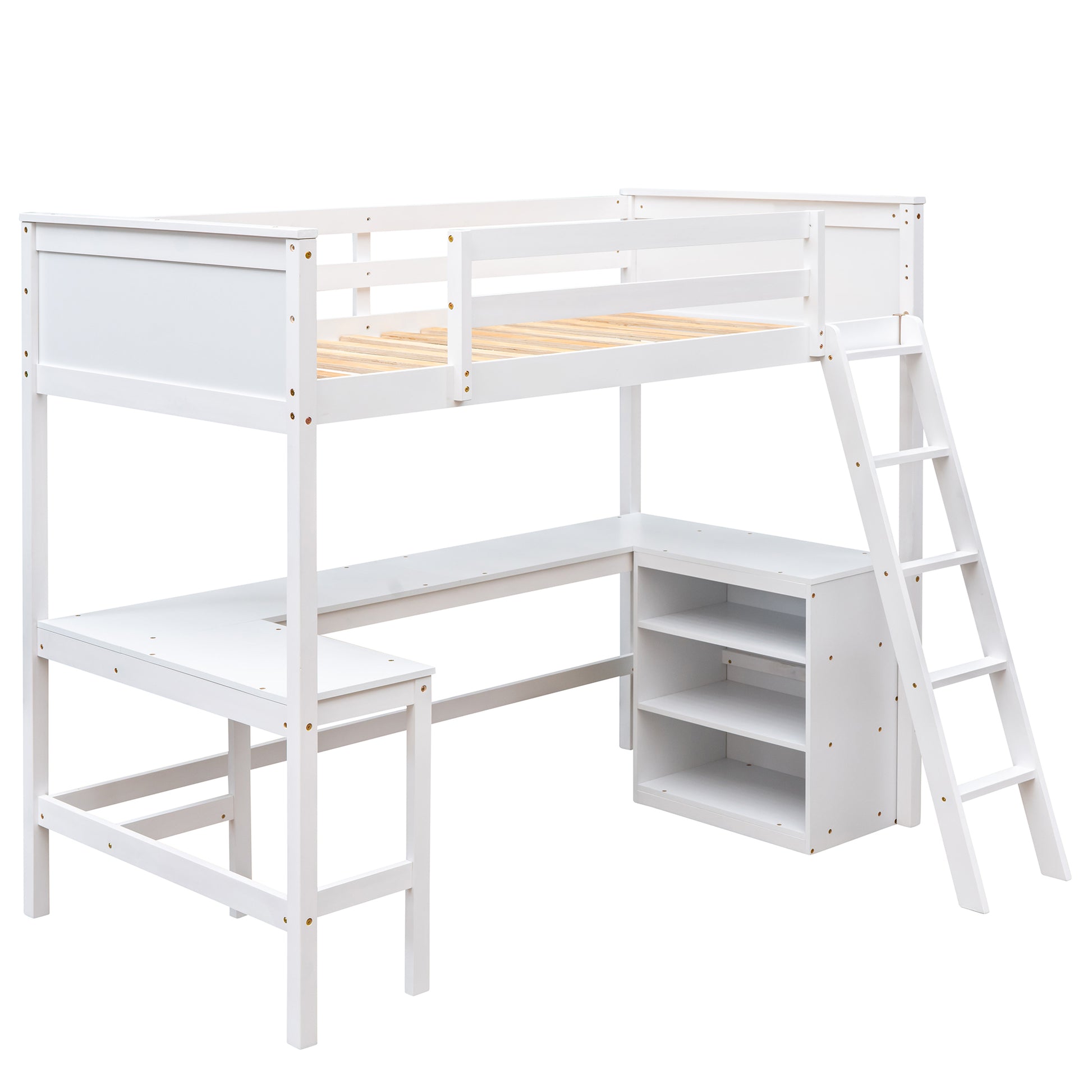 White wooden loft bed with desk and shelves