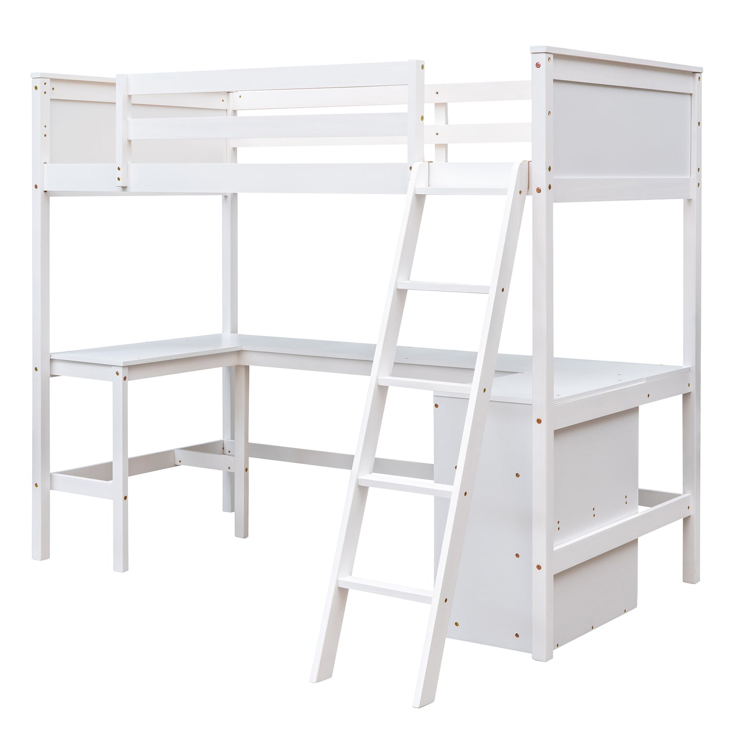 White wooden loft bed with integrated desk and ladder