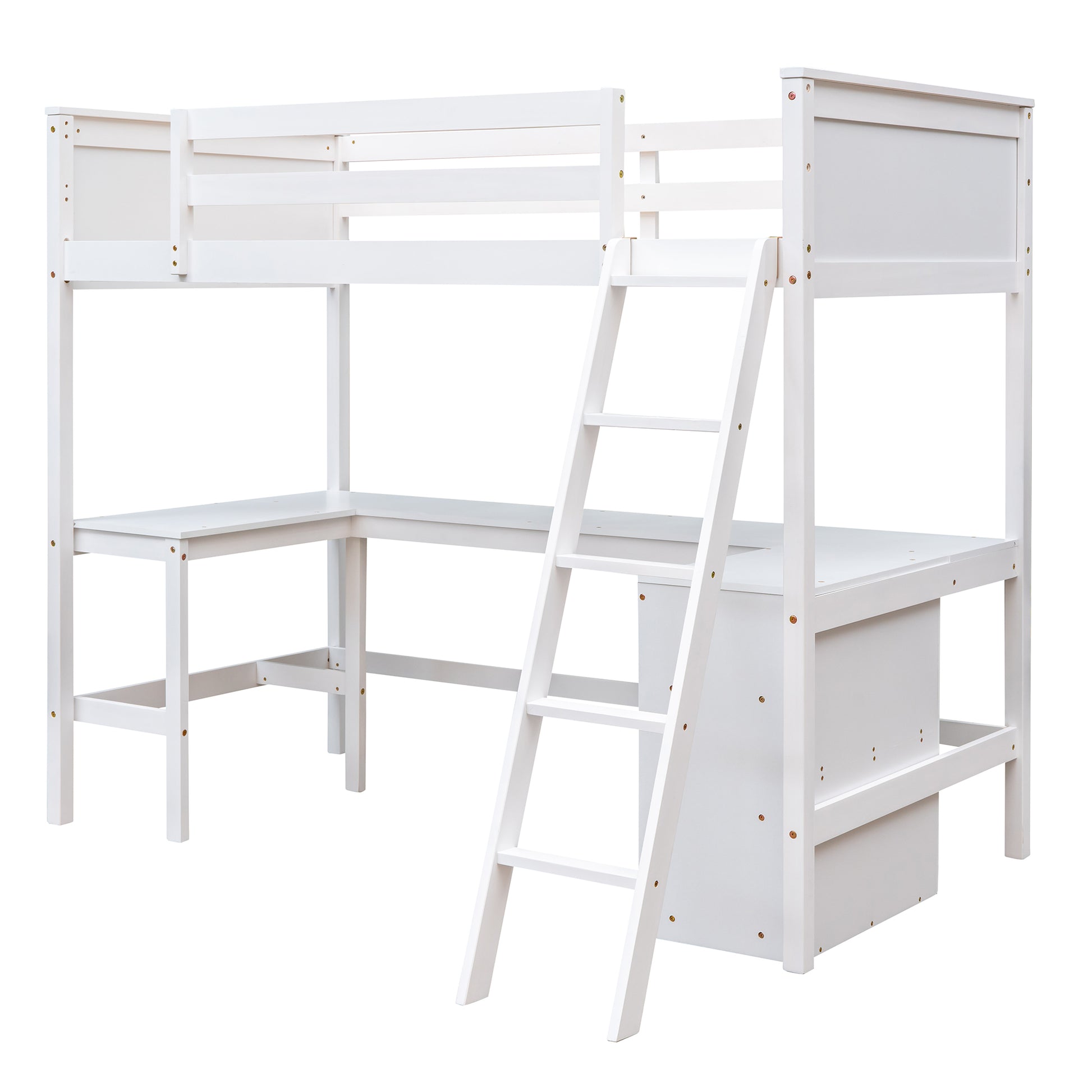 White wooden loft bed with integrated desk and ladder
