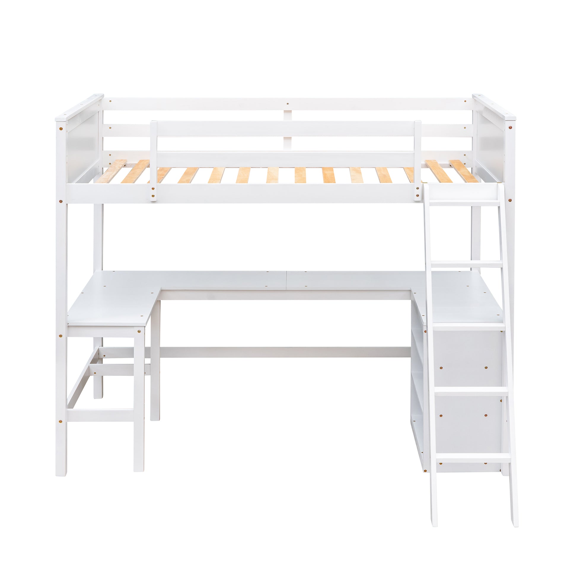 White wooden loft bed with integrated desk and shelves