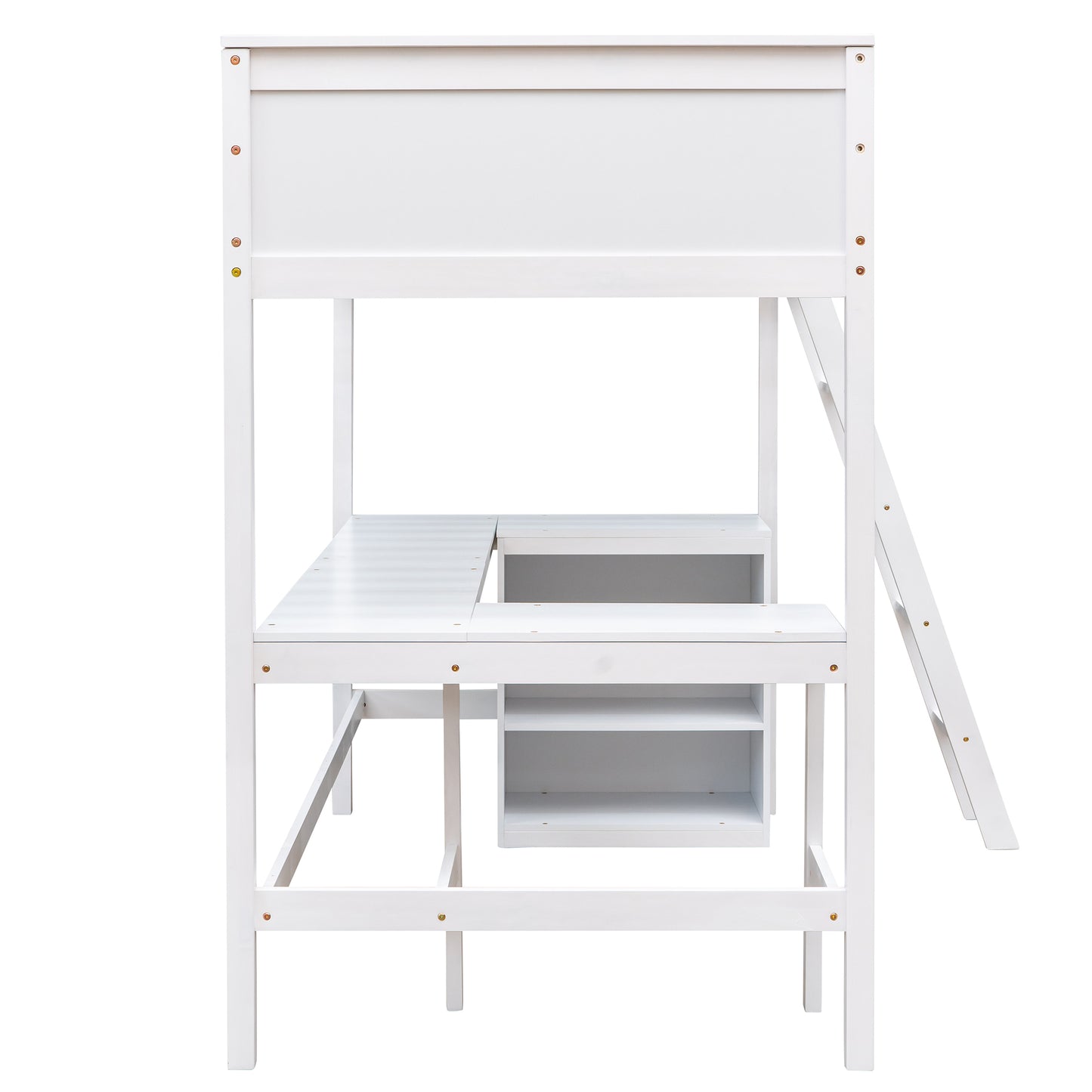 White wooden loft bed with desk and shelves for kids rooms